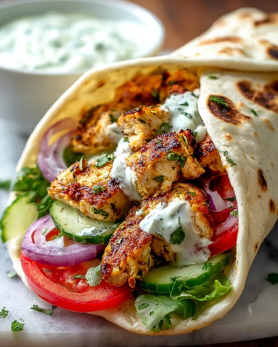 Two grilled chicken wraps lie side by side on a white marbled surface. Each wrap has a soft, slightly charred flatbread folded over several layers from bottom to top: first a base of fresh green lettuce leaves, then chunks of grilled chicken with dark grill marks, followed by slices of red tomato and green cucumber, and pieces of raw purple onion. On top of the chicken, a dollop of creamy white sauce with green herbs is drizzled, adding texture and color contrast. The wraps rest on a wooden board, and in the blurred background, a small glass bowl of the same sauce is visible. photo taken with an iphone --ar 4:5 --v 7
