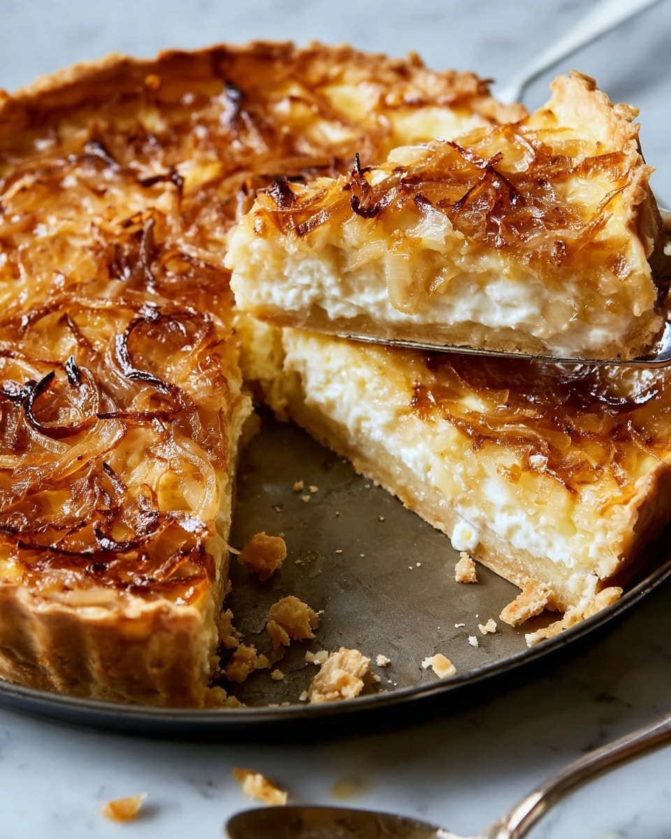 A close-up of a savory pie with three layers inside a dark metal pan on a white marbled surface; the bottom layer is a light golden flaky crust, the middle layer is thick and creamy white, and the top layer consists of caramelized golden-brown onions covering the whole surface, shiny with a slight glaze; one slice is being lifted with a silver spoon showing the soft texture inside, crumbs scattered around the pan; soft natural light highlights the warm tones of the pie. Photo taken with an iphone --ar 4:5 --v 7