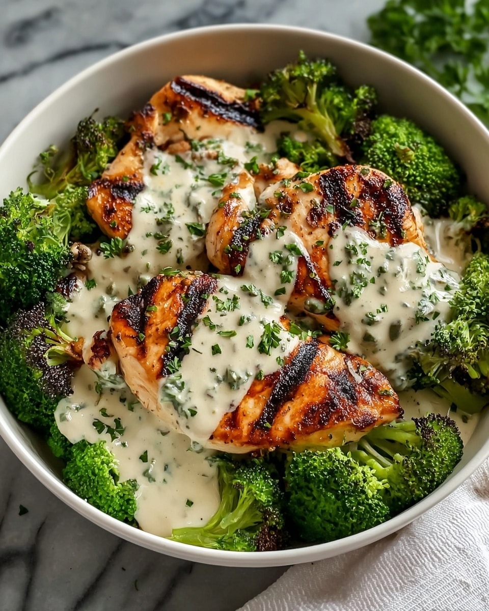 A white bowl holds a dish with three grilled chicken breasts on top, each showing dark grill marks and a light brown color. The chicken is covered with a creamy white sauce that has green herbs in it. Around the chicken, there is bright green broccoli with some charred edges. The entire dish is sprinkled with finely chopped green parsley. The bowl sits on a white marbled surface with part of a white cloth visible in the corner. Photo taken with an iphone --ar 4:5 --v 7
