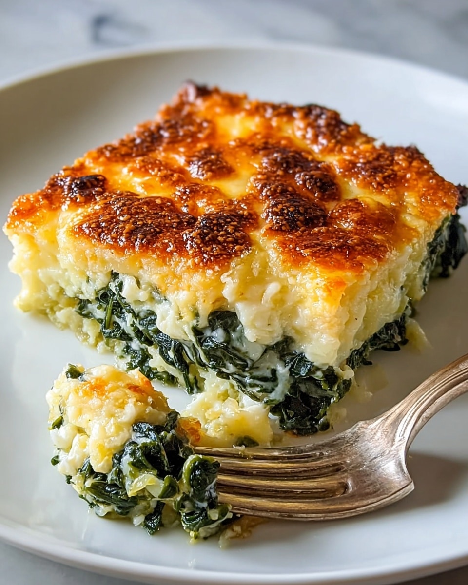 A square piece of baked spinach casserole sits on a white plate, showing two main layers: a top golden brown, crispy, and slightly bubbly cheese crust with textured brown spots, and a thick layer underneath filled with dark green cooked spinach and creamy, pale yellow cheese. The spinach layer looks moist and dense, mixing with melted cheese that glistens slightly. A silver fork holds a bite near the casserole, lifting some of the spinach and cheese mix. The background shows a white marbled surface under the plate. photo taken with an iphone --ar 4:5 --v 7