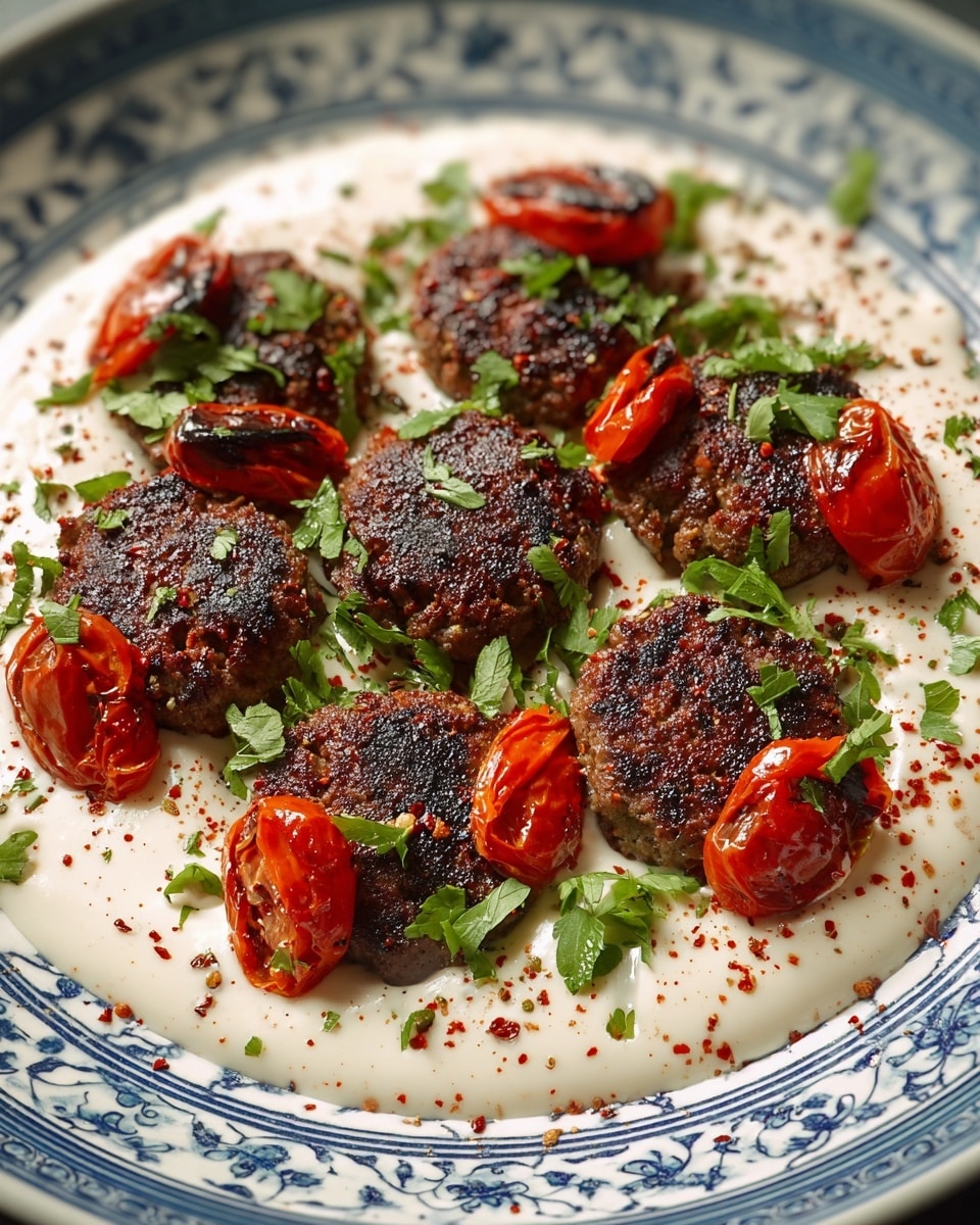 The dish shows six dark brown grilled patties with a slightly charred texture spread in a circular shape on a white plate with blue patterns. Underneath, there is a creamy white sauce spread evenly, creating a smooth base layer. Around and on top of the patties, there are bright red roasted cherry tomatoes with some black grill marks, adding a glossy look. Fresh green chopped herbs are scattered over the dish, adding color and freshness. Small sprinkles of reddish spice powder and black pepper are scattered over the sauce and plate edges, giving it a seasoned appearance. photo taken with an iphone --ar 4:5 --v 7