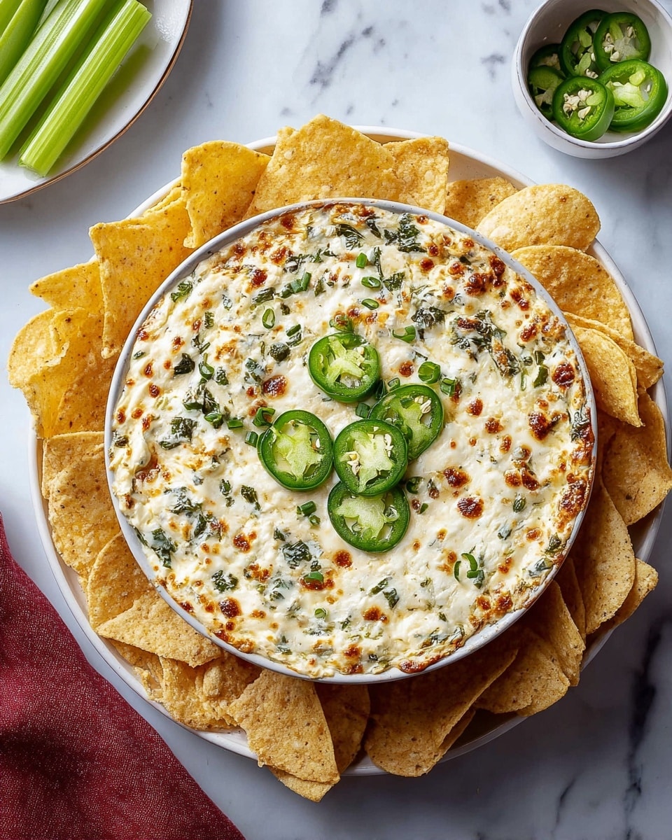 A bowl filled with a creamy, white melted dip that has a browned, bubbly surface with green chopped herbs mixed in and five slices of green jalapeno peppers laid on top. The bowl is placed on a larger white plate surrounded by light yellow tortilla chips arranged upright around the bowl’s edge. On the white marbled surface nearby, there is another white plate with fresh green celery sticks and a small white bowl with sliced green jalapenos. A reddish brown cloth is slightly visible in the bottom left corner. photo taken with an iphone --ar 4:5 --v 7