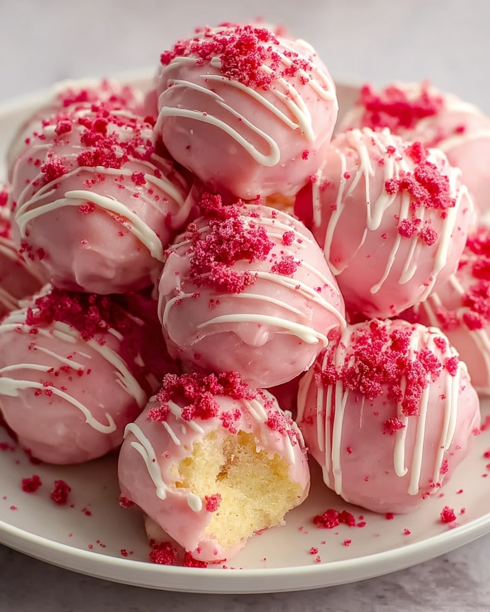 The image shows round cake balls covered in smooth, light pink coating, each decorated with thin white drizzle lines and small red cake crumbs sprinkled on top. One cake ball is cut in half to show two layers inside: a creamy off-white upper layer and a moist light red lower layer. The cake balls are arranged closely together in a white bowl placed on a white marbled texture surface. The colors are soft and pastel, highlighting the delicate and sweet nature of the dessert. photo taken with an iphone --ar 4:5 --v 7