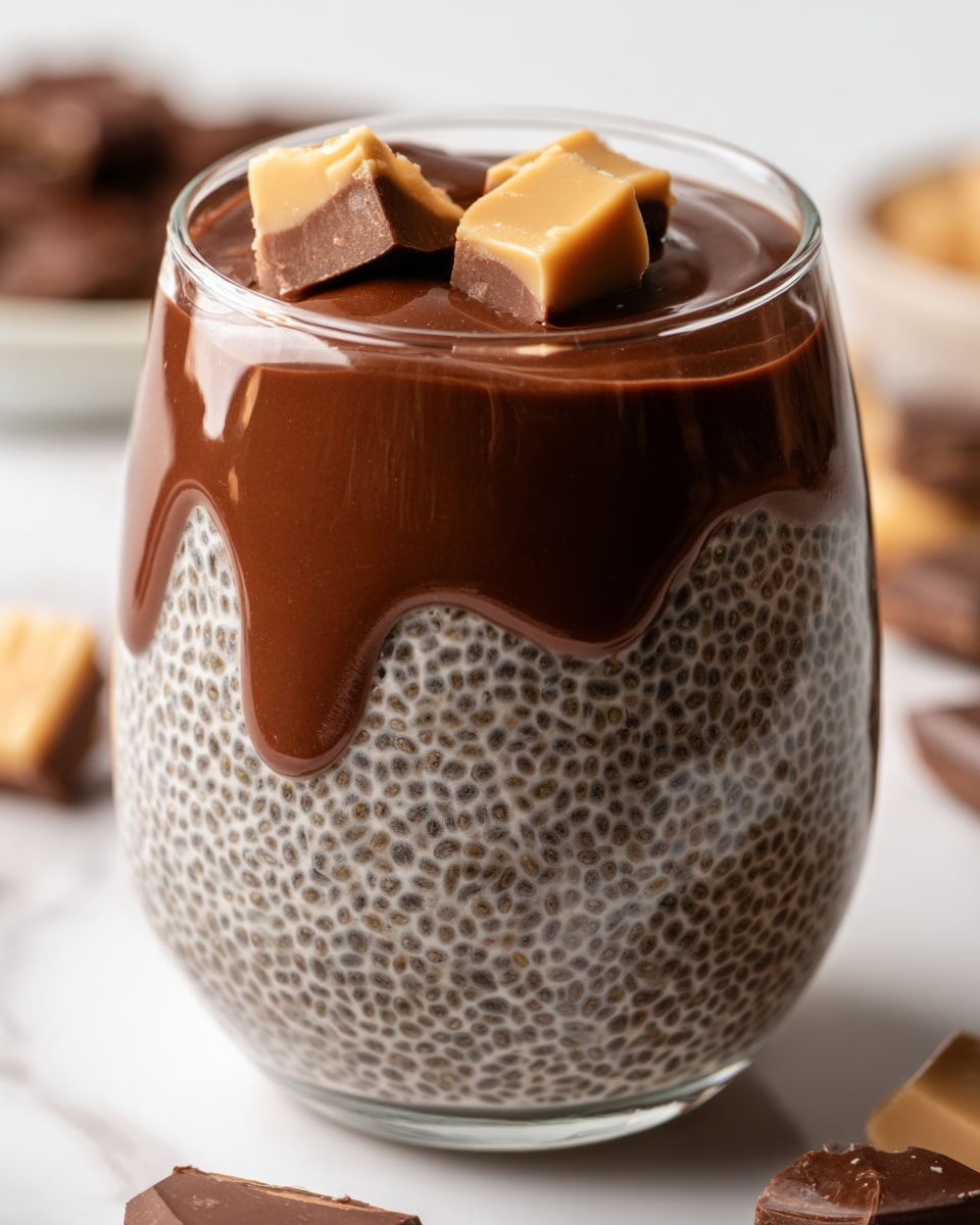 A clear glass shows a two-layer dessert with the bottom layer being a creamy, light brown chia pudding filled with small black chia seeds, creating a speckled texture. The top layer is a smooth, glossy dark brown chocolate sauce that glides slightly over the top edge of the chia pudding layer. On the shiny chocolate surface, three small pieces of broken milk chocolate rest, two lighter golden brown and one darker brown, adding height and texture contrast. The glass is set on a white marbled surface, and parts of similar desserts and chocolate pieces are blurred softly in the background. photo taken with an iphone --ar 4:5 --v 7