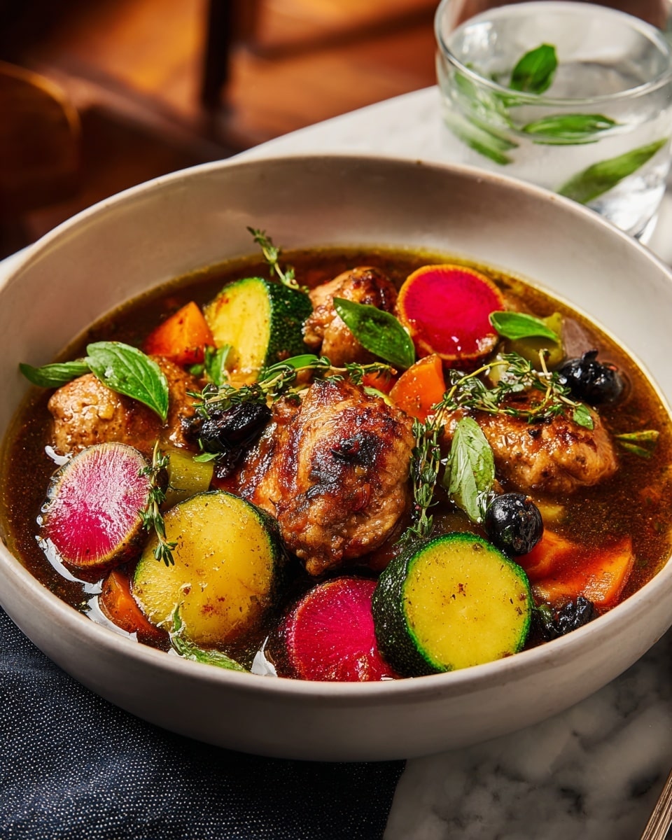 A deep white bowl filled with a rich stew showing several layers starting with a dark brown, glossy broth covering the bottom, followed by chunky pieces of cooked chicken with a browned, slightly crispy texture at the center. Around the chicken are thick slices of bright green zucchini, round pieces of vibrant pink radish, and chunks of golden yellow potato, each with a soft, cooked look. Scattered throughout are small black olives and dark raisins adding contrast, while fresh green basil leaves and thyme lightly garnish the top, adding a fresh touch. The bowl sits on a white marbled surface with a glass of water nearby, captured in warm, soft lighting. Photo taken with an iphone --ar 4:5 --v 7