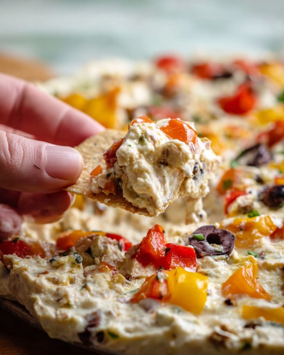 A clear glass round dish filled with a creamy white top layer mixed with chopped black and green olives and small pieces of red peppers, all giving it a rough textured surface. The dish rests on a green and white striped cloth, placed on a white marbled surface. The creamy layer appears thick and evenly spread, showing bits of other ingredients lightly covered beneath. Photo taken with an iphone --ar 4:5 --v 7