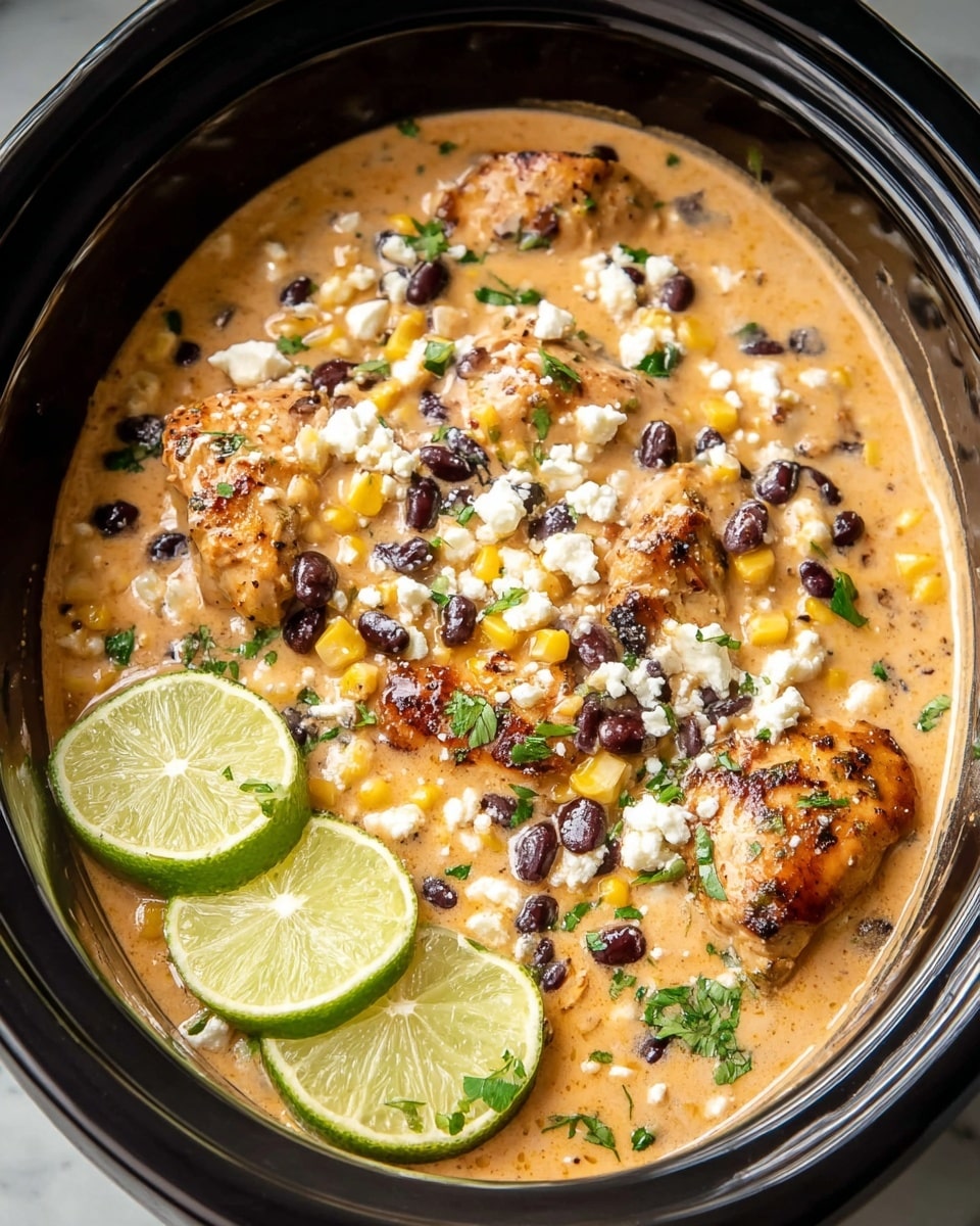This image shows a slow cooker filled with a creamy dish made of several layers. The base layer is a thick, light orange sauce mixed with black beans and corn kernels. On top, there are browned chicken pieces partially covered by the sauce. Scattered over the surface are small white cheese crumbles and chopped green herbs. Three fresh lime slices rest on one side, adding a bright green color. The slow cooker is black and sits on a white marbled surface. photo taken with an iphone --ar 4:5 --v 7
