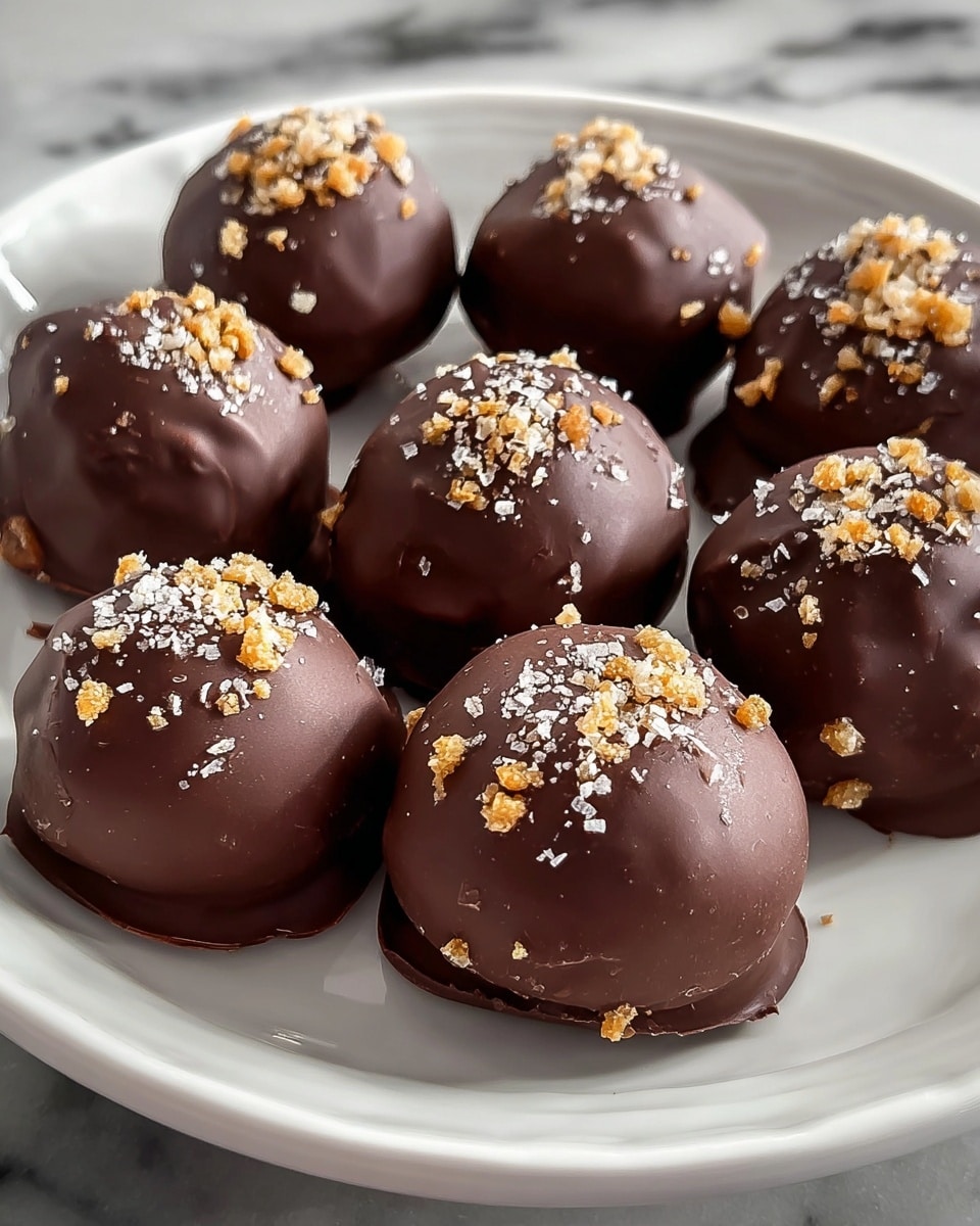 A white plate holds seven round chocolate treats, each covered in a smooth, glossy dark brown chocolate layer with small white flakes sprinkled on top. The chocolate coating drips slightly down the sides, revealing a darker, rough-textured base layer beneath. The treats are arranged closely together in a loose circle, sitting on a white marbled surface. photo taken with an iphone --ar 4:5 --v 7