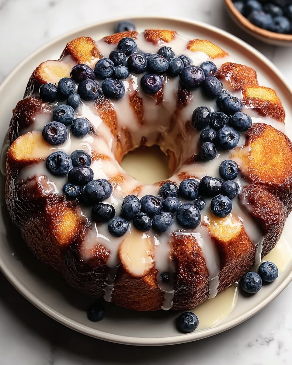 A round bundt cake with a golden-brown crust sits on a white plate on a white marbled texture surface. The cake is topped with a layer of shiny, dark purple blueberries scattered unevenly on top and inside the center hole. A creamy, light beige glaze is drizzled over the blueberries and onto the cake, adding a glossy texture that contrasts with the rough surface of the cake. The cake pieces are thick and slightly raised with visible caramelized edges. In the background, white bowls filled with more blueberries are partially visible. Photo taken with an iphone --ar 4:5 --v 7