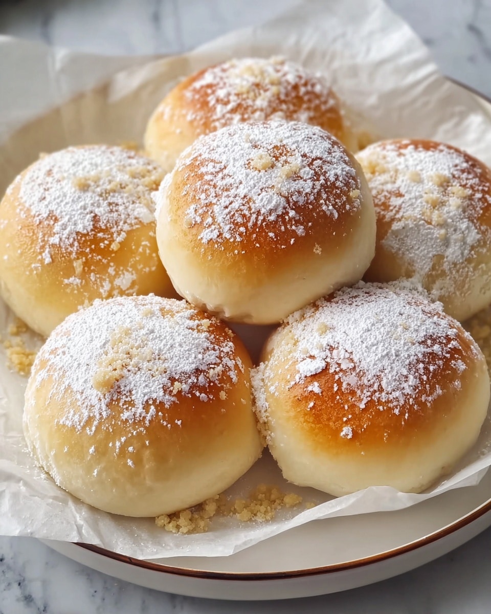 The image shows four round cream buns on a white plate lined with white parchment paper. Each bun has two golden-brown layers with a thick white cream filling sandwiched in the middle. The top layer of each bun is lightly dusted with powdered sugar, giving a soft white coating. On top of every bun, there is a small cluster of delicate white flowers with green leaves, adding a fresh and decorative touch. The plate sits on a white marbled surface, enhancing the clean and elegant look. Photo taken with an iphone --ar 4:5 --v 7