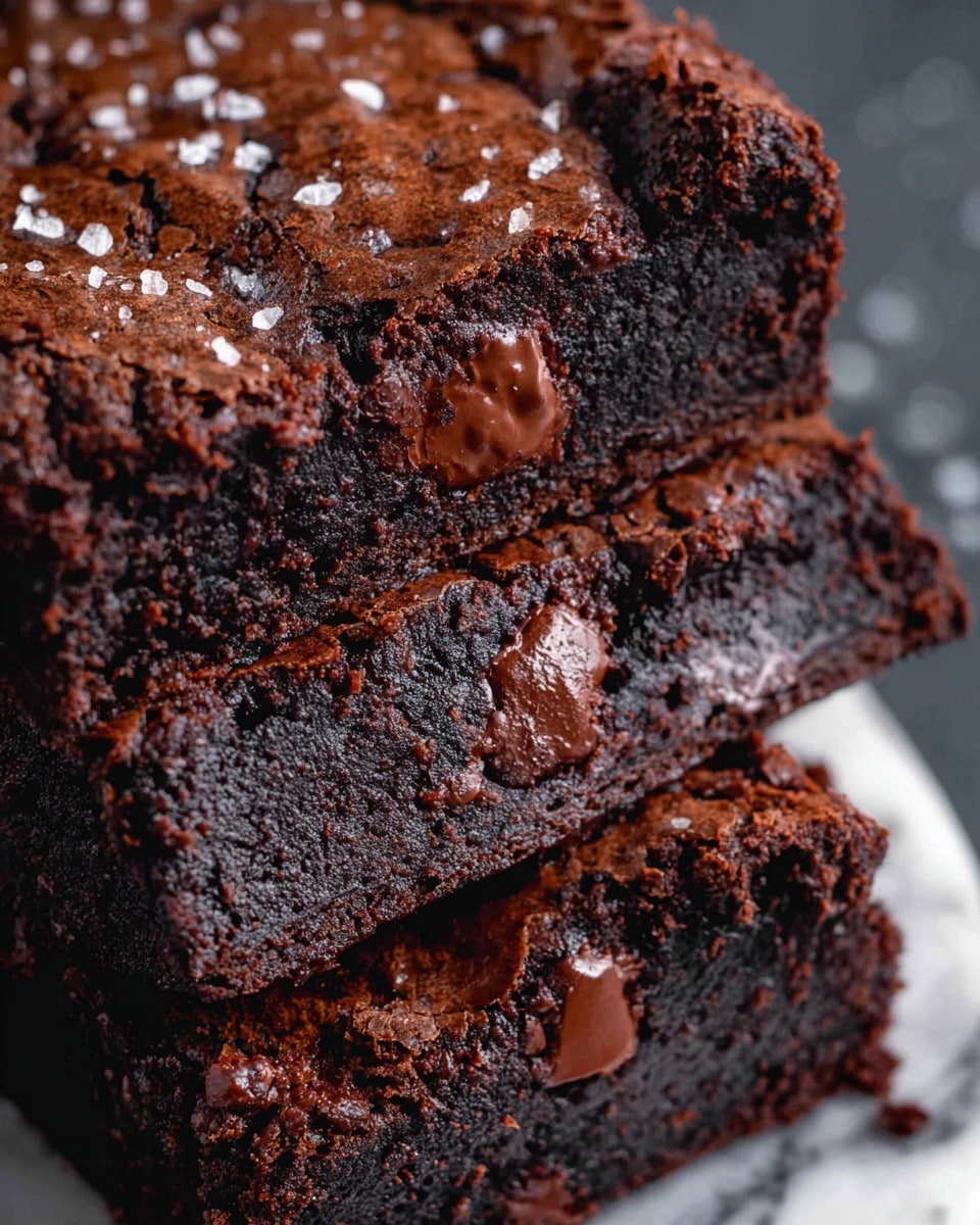 A close-up image showing three thick slices of dark chocolate brownie stacked slightly unevenly on a white marbled surface. Each slice has a rich, dense texture with melted chocolate chunks visible inside and on the top. The surface of the brownies is cracked with a glossy finish, showing gooey melted chocolate and sprinkled with coarse sea salt flakes that add contrast to the deep brown color. Photo taken with an iphone --ar 4:5 --v 7