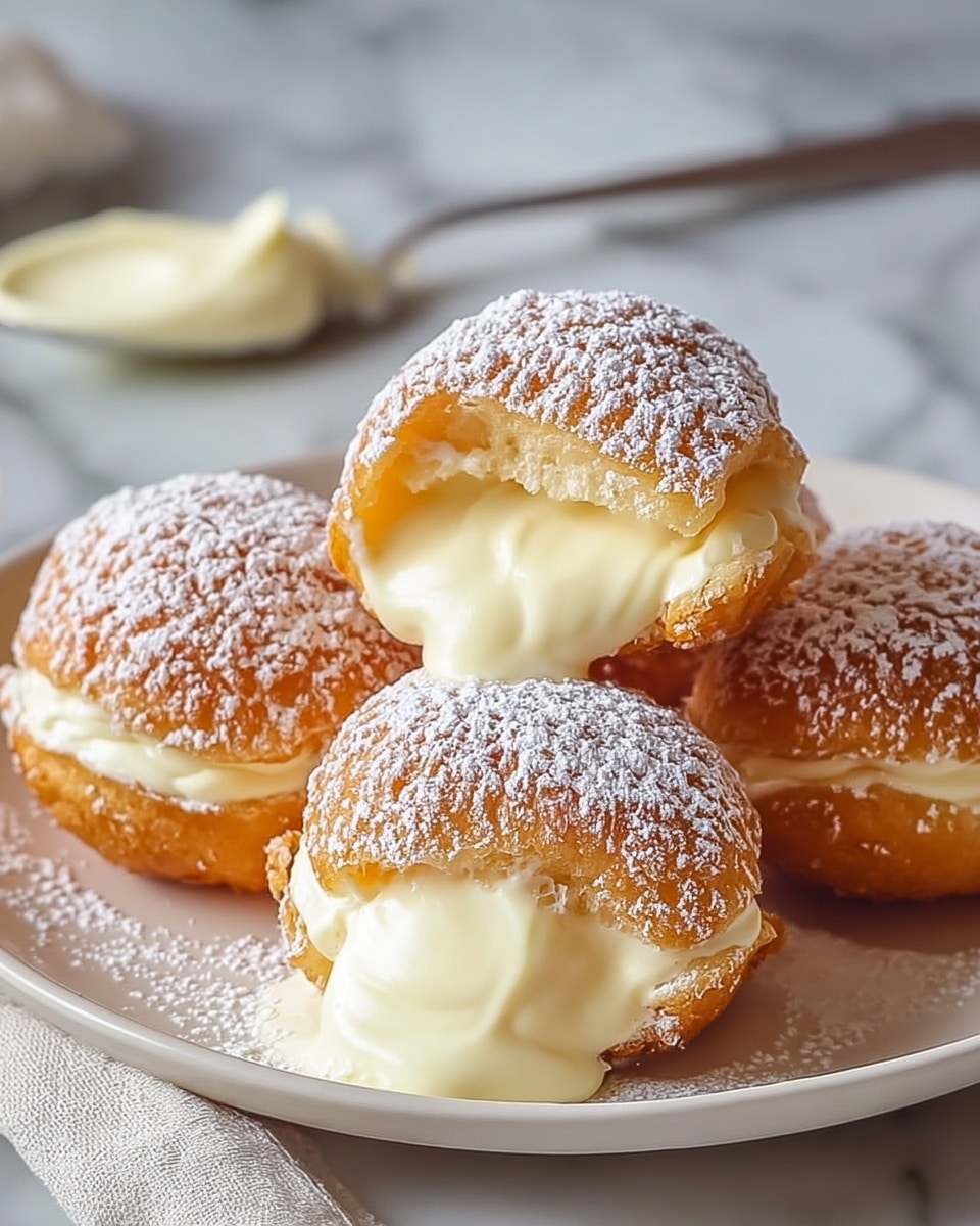 The image shows six cream puffs on a white plate with a white marbled texture background. Each puff has a golden-brown, lightly crispy outer shell dusted with white powdered sugar. One cream puff is split open in the front, revealing a thick, smooth, creamy white filling that looks soft and rich, slightly oozing out. Powdered sugar is falling and lightly scattered on the plate around the puffs, adding a fresh, delicate touch. The creamy filling contrasts with the textured and golden shell, creating a visually appealing mix of colors and textures. Photo taken with an iphone --ar 4:5 --v 7