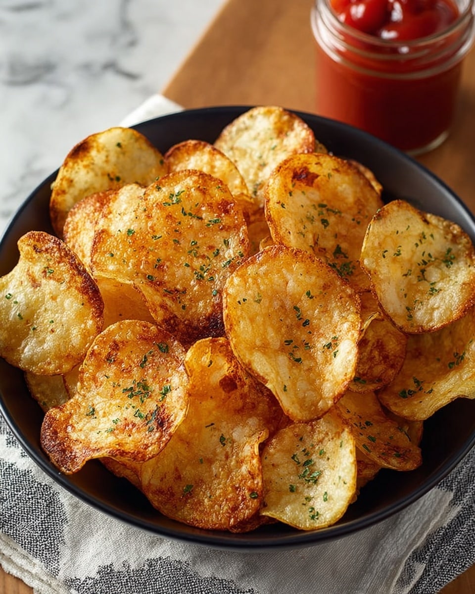 A black bowl filled with one layer of golden, crispy potato chips sprinkled with small green herb bits on top. The potato chips have a mix of light yellow and dark brown colors, showing a crunch texture. The bowl sits on a white cloth with a gray pattern over a white marbled surface. In the top right corner, there is a glass jar filled with red ketchup. Photo taken with an iphone --ar 4:5 --v 7