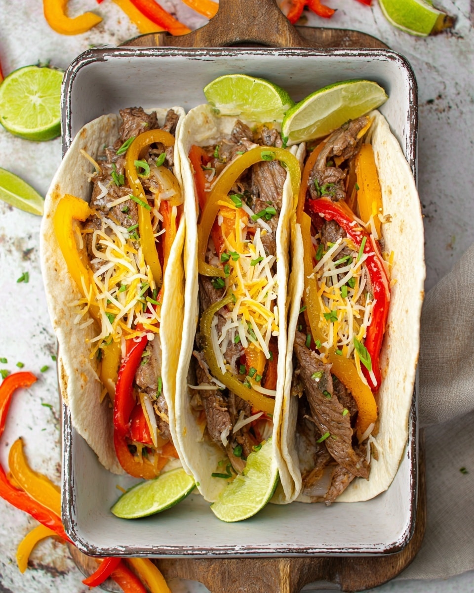 Three soft flour tortillas stand side by side in a white rectangular dish, each filled with layers of cooked beef strips, bright red and yellow bell pepper slices, and thin onion strips. The filling is topped with a light sprinkle of shredded yellow and white cheese and small green chive pieces scattered on top. Lime wedges rest at the edges inside the dish, adding a fresh touch. The whole setup is placed on a white marbled surface scattered with extra bell pepper and onion slices. photo taken with an iphone --ar 4:5 --v 7