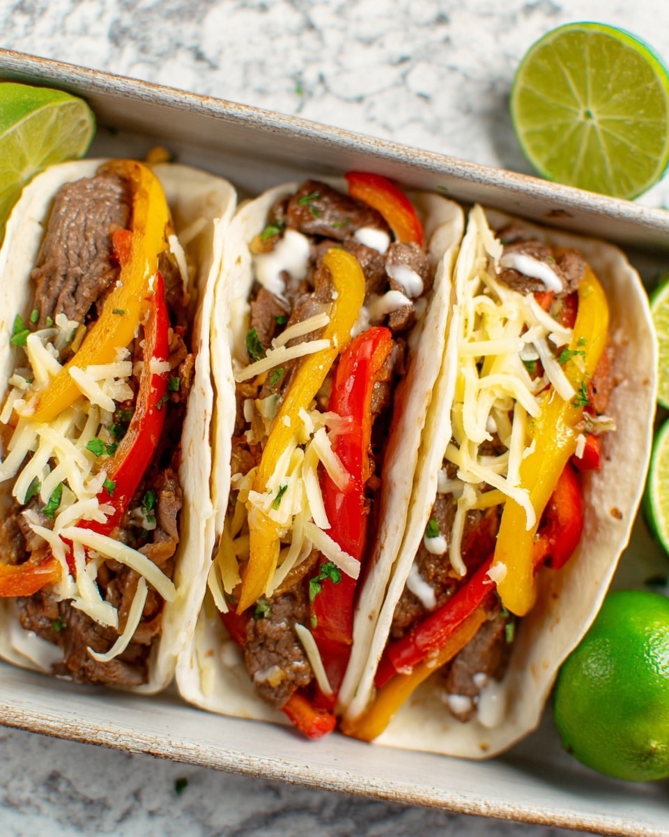 Three tacos are placed side by side in a white tray with a white marbled surface underneath. Each taco has a soft white tortilla as the base layer, topped with a light spread of white sauce. Inside, there are pieces of brown cooked beef as the main layer, mixed with strips of bright red and yellow roasted peppers. A light sprinkling of shredded pale yellow cheese and small green chopped herbs tops the tacos. In the tray, there are whole and cut green limes placed near the tacos, adding a fresh touch. photo taken with an iphone --ar 4:5 --v 7