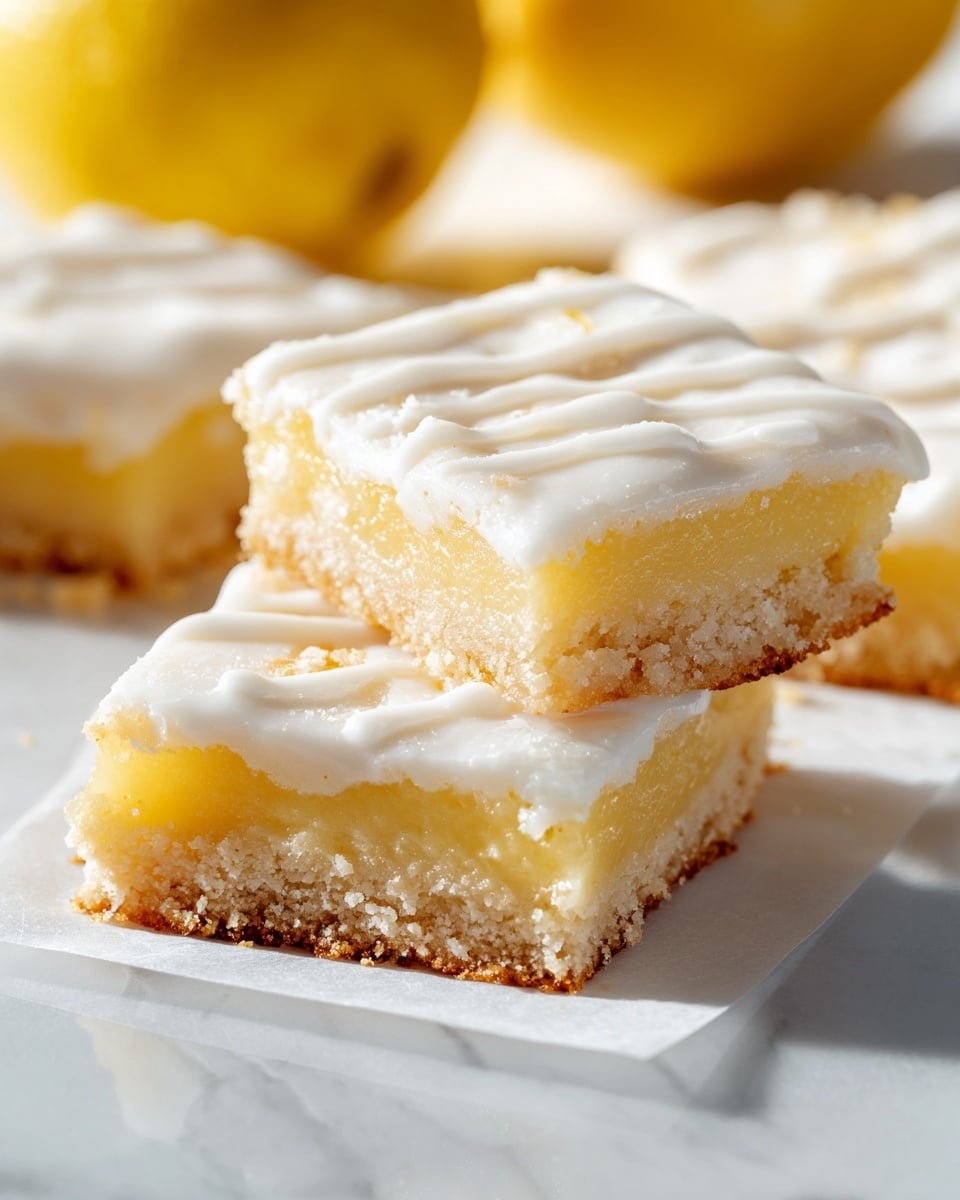The image shows square lemon bars with two visible layers: a golden-brown crumbly crust at the bottom and a thick, soft, yellow lemon filling on top. The lemon filling is covered with a smooth, white icing that has a slightly shiny texture and is drizzled with thin lines of the same icing. The bars are placed on white paper on top of a white marbled surface, and blurred yellow lemons are visible in the background. The lighting is bright and natural, enhancing the fresh and soft look of the bars. Photo taken with an iphone --ar 4:5 --v 7