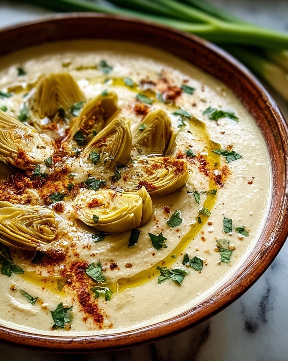 A close-up of a thick, creamy light beige soup served in a rustic brown rimmed bowl, topped with several artichoke heart pieces that are pale yellow with slightly browned edges. The surface of the soup is decorated with a drizzle of olive oil forming a circle, scattered bright green chopped herbs, and a dusting of reddish paprika powder. The bowl is placed on a white marbled textured surface with green stalks slightly blurred in the background. photo taken with an iphone --ar 4:5 --v 7