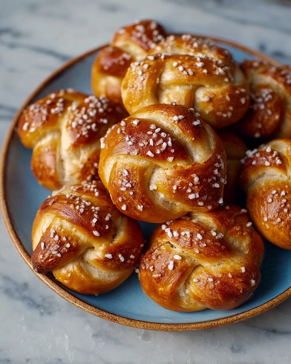 A close-up view of several shiny, golden-brown pretzel knots placed on a white plate with a blue inner surface. Each pretzel knot shows a smooth, glossy outer layer with a twisted shape, sprinkled generously with coarse white salt crystals. The texture looks slightly crispy on the outside while soft on the inside. The plate holding the pretzels rests on a white marbled surface, adding a clean and elegant touch to the presentation. photo taken with an iphone --ar 4:5 --v 7