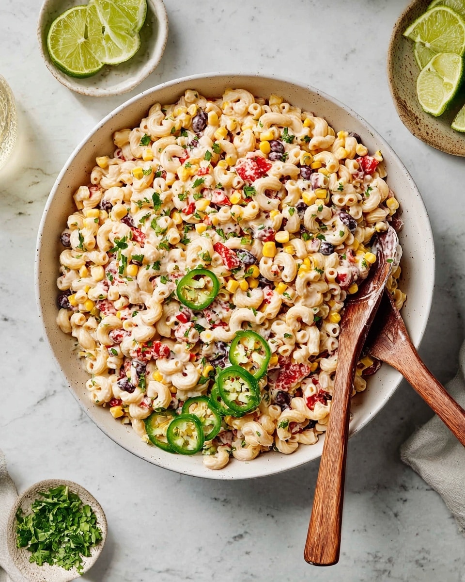 A large white bowl filled with three layers: a base layer of creamy elbow macaroni pasta mixed with small yellow corn kernels and black beans; a middle layer of diced red bell peppers scattered evenly; and a topping layer of chopped green herbs and sliced fresh green jalapeños placed near one side. The pasta mixture has a light creamy dressing that coats it all, with a slightly thick texture. Two wooden spoons rest in the bowl. The bowl sits on a white marbled surface with lime halves arranged in a white bowl nearby and a small dish of extra chopped herbs with sliced jalapeño on one side. photo taken with an iphone --ar 4:5 --v 7