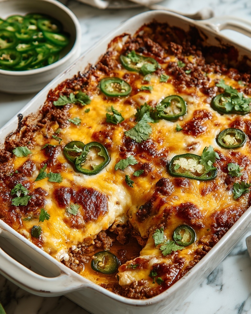 A baked casserole in a white ceramic dish shows multiple layers starting with a browned ground meat base, followed by rich, melted yellow cheese that covers the whole top. Green jalapeño slices are scattered on top, some sliced in rings and others halved, with fresh bright green cilantro leaves adding contrast across the surface. The cheese is bubbly and browned in spots, creating a textured, golden crust with some oily sheen. The dish sits on a white marbled surface, and a small white bowl with sliced green jalapeños is visible in the background. photo taken with an iphone --ar 4:5 --v 7
