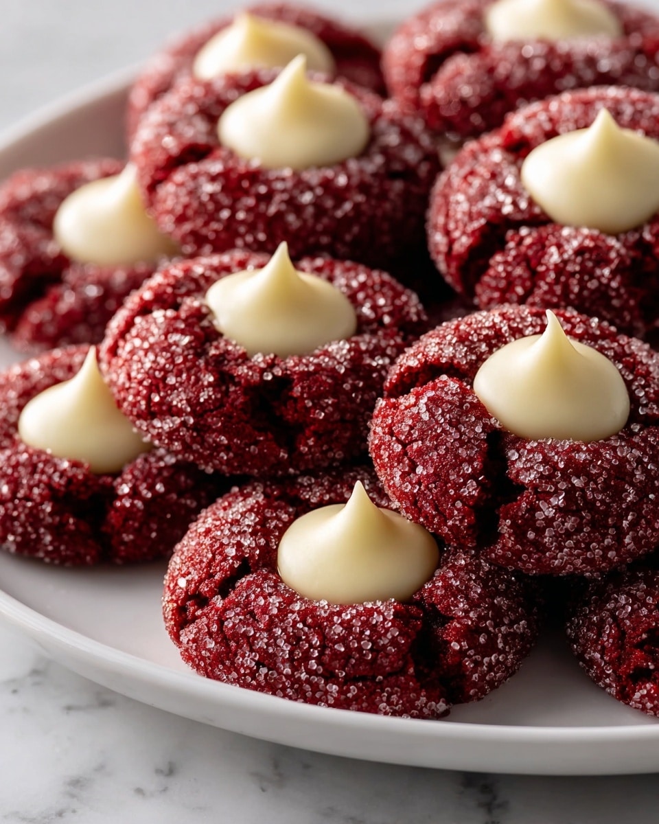 A close-up view of a pile of red cookies on a white plate, each with a thick layer of white creamy filling in the middle. The cookies have a rough texture, covered with sugar crystals that sparkle, and are cracked slightly around the edges, showing their softness. The creamy filling is smooth, shiny, and slightly peaked at the top, placed at the center of each round, deep red cookie. The background shows a white marbled surface. photo taken with an iphone --ar 4:5 --v 7