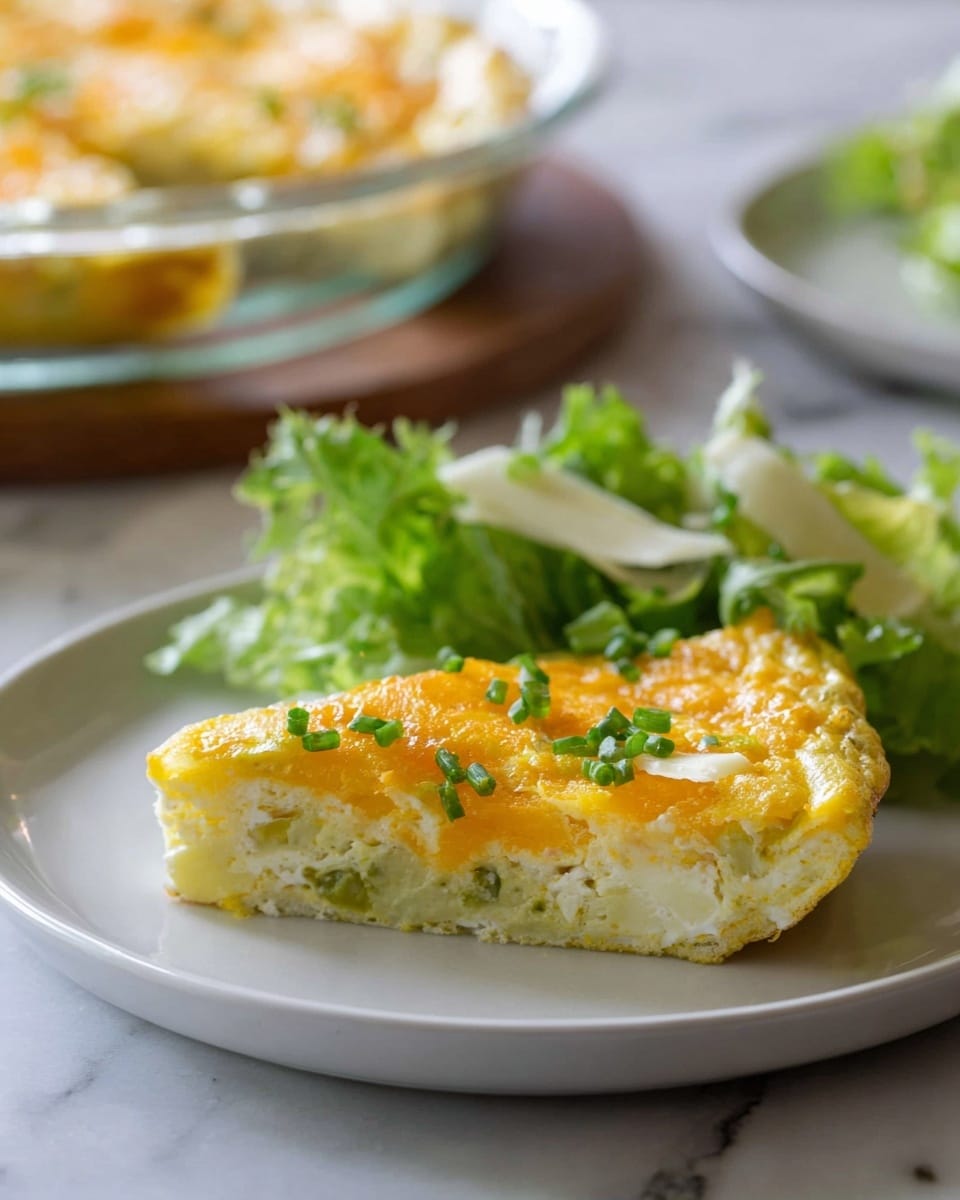 A slice of fluffy omelet sits on a white plate, showing two visible layers: a thick, pale yellow egg layer at the bottom mixed with bits of light green vegetable, topped by a melted golden-orange cheese layer sprinkled with small green chives. Next to the omelet is a small pile of fresh green lettuce leaves with a few thin shavings of light-colored cheese. The background has a soft white marbled texture, and a blurred glass dish filled with more of the omelet is faintly visible behind the plate. Photo taken with an iphone --ar 4:5 --v 7