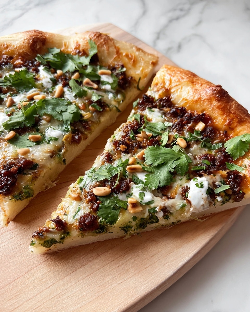 Two slices of pizza rest on a wooden board placed on a white marbled surface, each slice showing three main layers: a thick, light golden brown crust with a soft and airy texture; a middle layer of melted cheese with a slightly browned top and bits of finely ground dark brown meat; and a topping layer including bright green cilantro leaves, pale beige pine nuts, and small dollops of white creamy sauce scattered across. The pizza base reveals a green herb sauce under the cheese near the crust edges. Photo taken with an iphone --ar 4:5 --v 7