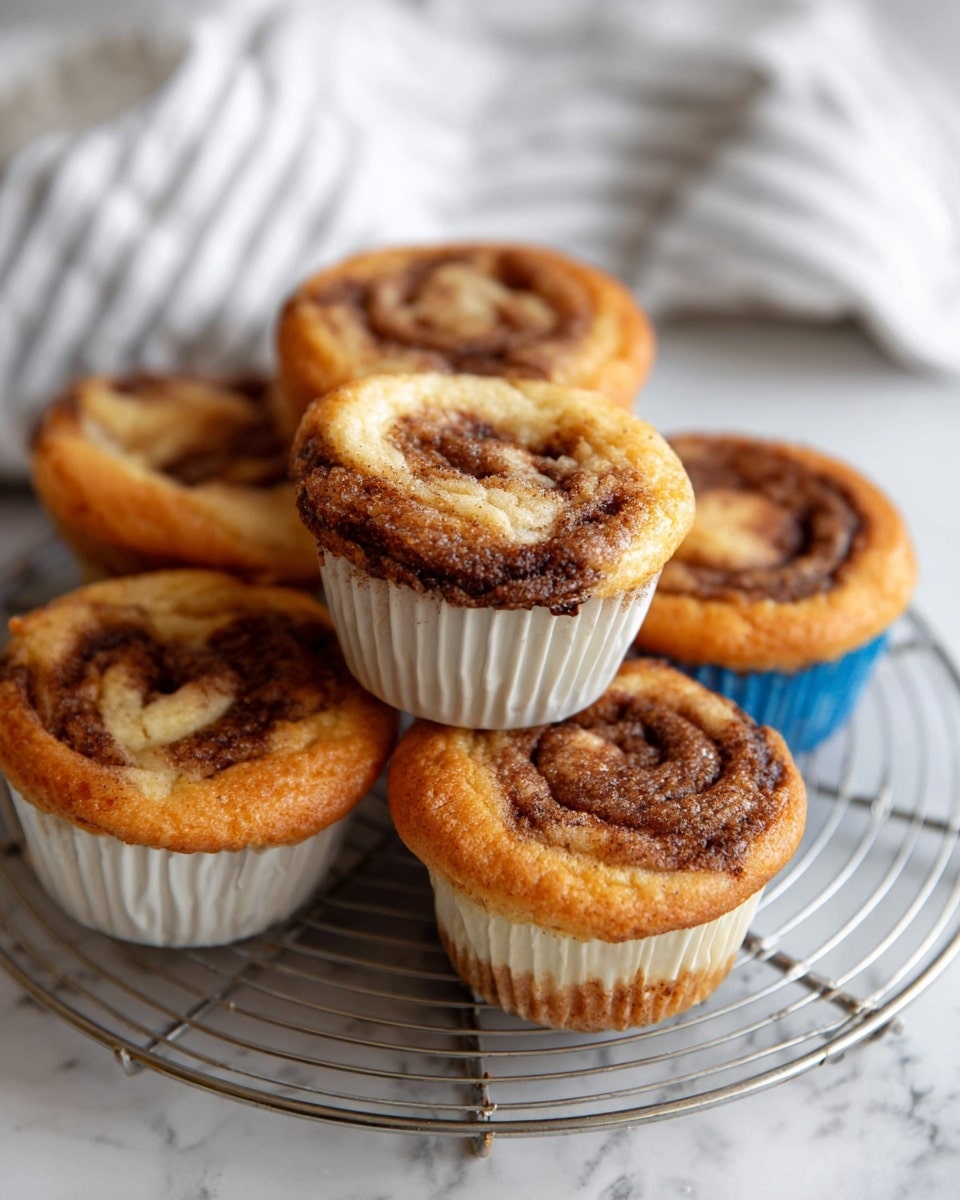 Six cinnamon swirl muffins are shown stacked on a round metal cooling rack over a white marbled surface. Each muffin is baked inside a fluted silicone cup, with colors alternating between white, light blue, and dark blue. The muffins have a golden brown top with a visible swirl of darker cinnamon filling a bit sunken in the center, creating a marbled pattern. The texture of the muffins looks soft and moist, with slightly crisp, browned edges. A blurred white and gray striped cloth is in the background. photo taken with an iphone --ar 4:5 --v 7