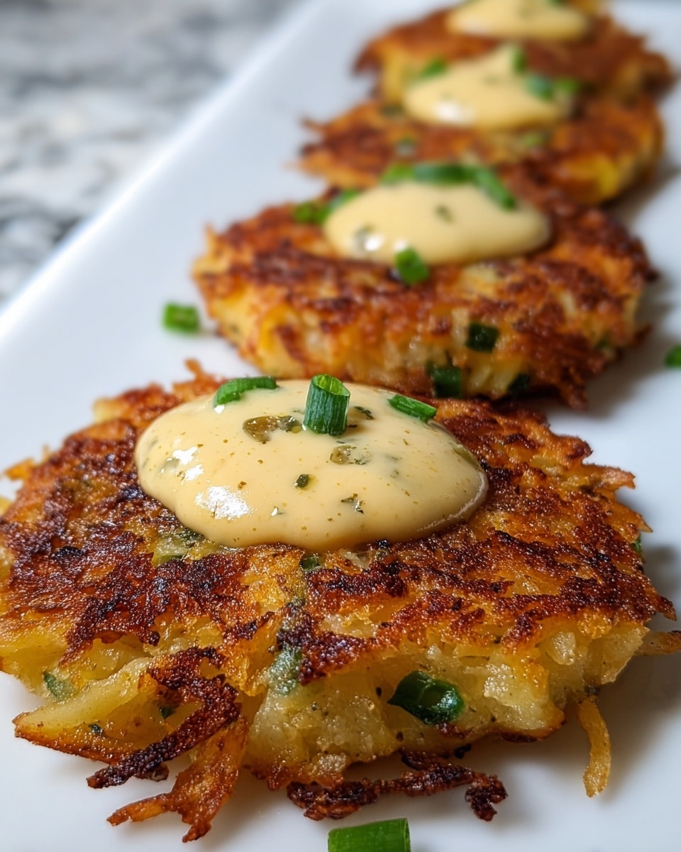 The image shows four golden-brown potato pancakes arranged in a straight line on a white plate over a white marbled surface. Each pancake has a crispy, textured top layer with visible shreds of potato and green bits inside. On top of each pancake is a dollop of creamy light yellow sauce speckled with herbs and small pieces of green pepper, adding a glossy shine. The pancakes gradually blur towards the back, focusing on the front one with its crispy edges and creamy topping. Photo taken with an iphone --ar 4:5 --v 7