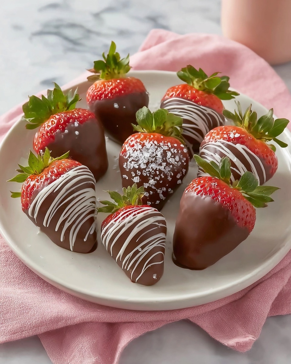 A white plate holds eight large red strawberries, each partially dipped in smooth, rich dark chocolate covering about two-thirds of the berry from the bottom up. Five strawberries are decorated with thin, white chocolate drizzles in diagonal lines across the chocolate-covered area, creating a striped pattern. Two strawberries are topped with a sprinkling of coarse white sugar crystals on the chocolate part. One strawberry is fully coated in dark chocolate with no extra decoration. All strawberries have bright green leafy tops, and the plate sits on a soft pink cloth over a white marbled surface. Photo taken with an iphone --ar 4:5 --v 7