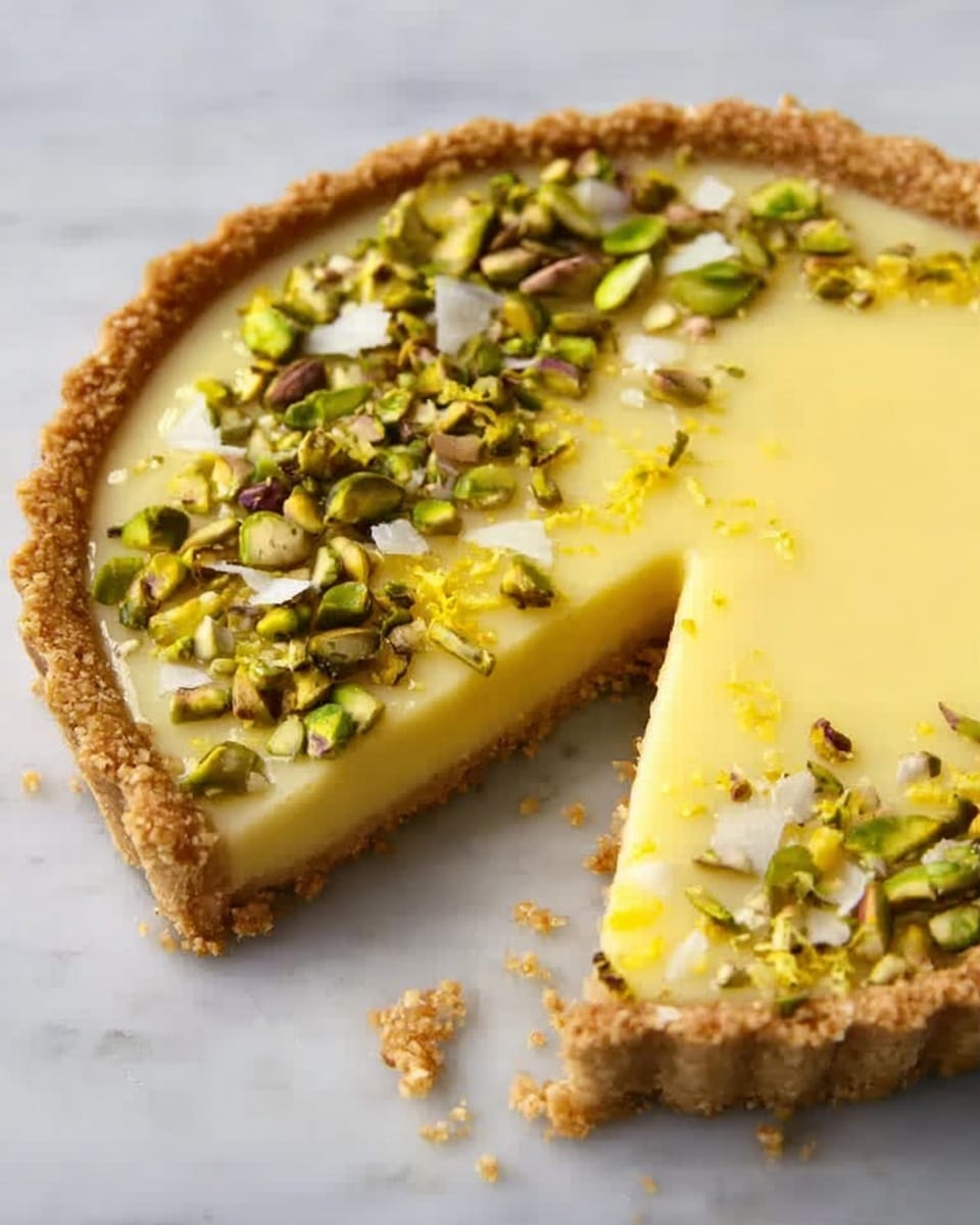 The image shows a tart with a golden, crumbly crust on the bottom and sides, filled with a smooth, pale yellow custard layer that is glossy and creamy. On top of the custard, there are rough green pistachio nuts scattered mostly on the left side along with some small white flakes and a little zest of bright yellow lemon, adding texture and color contrast. A slice is cut out, showing the even thickness of the custard and crust. The tart is placed on a white marbled surface. Photo taken with an iphone --ar 4:5 --v 7
