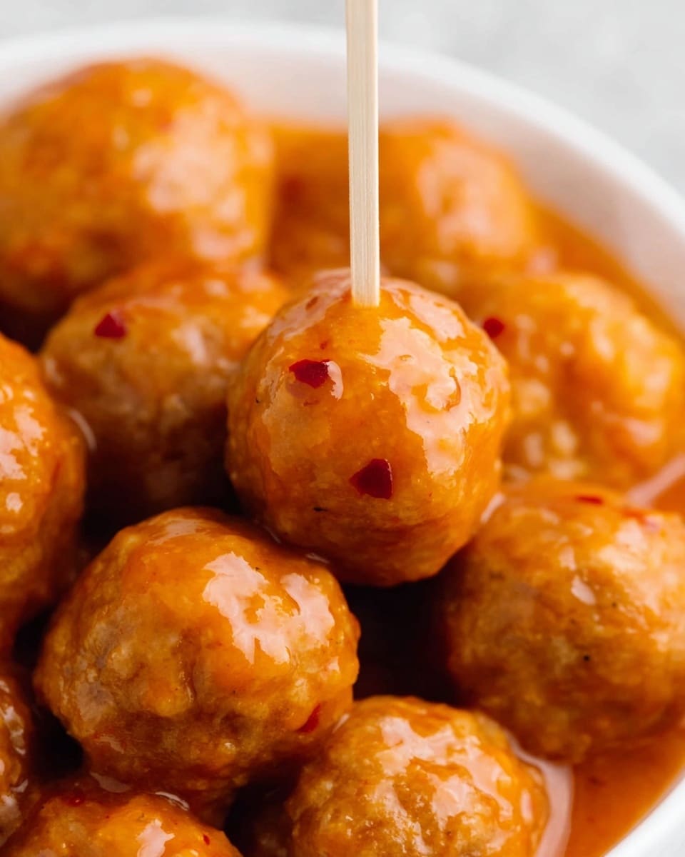 A close-up of many round meatballs covered in a shiny orange sauce, packed tightly together inside a white bowl. One meatball is pierced by a wooden toothpick and lifted slightly above the rest, showing its smooth, saucy surface with small red flecks. The background features a soft white marbled texture that makes the meatballs stand out. The sauce looks thick and glossy, evenly coating every piece. photo taken with an iphone --ar 4:5 --v 7