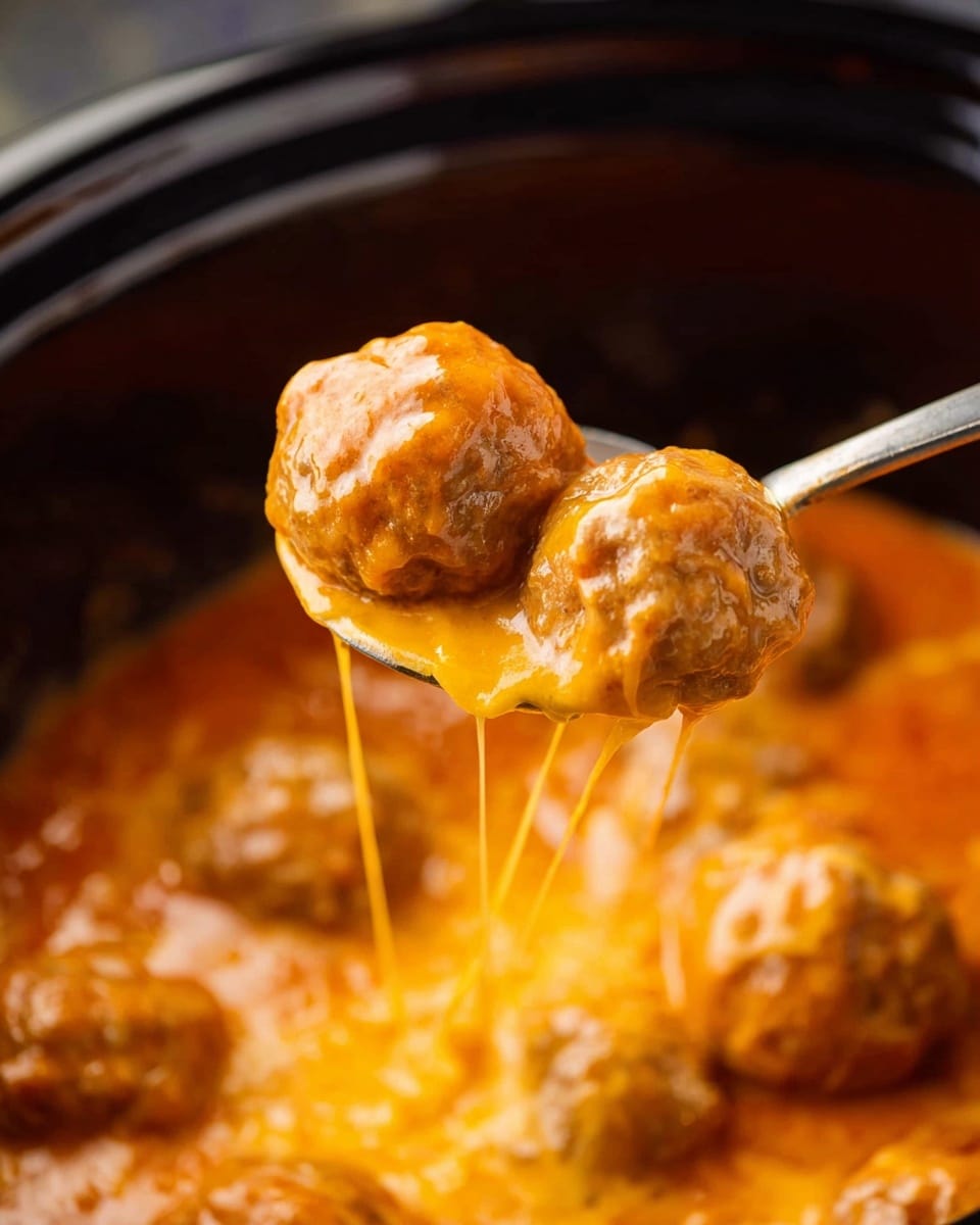 A close-up view of three round meatballs covered in thick, bright orange melted cheese sauce with a smooth glossy texture, held on a silver spoon over a black slow cooker filled with more meatballs swimming in the same orange cheesy sauce, with thin strands of cheese stretching from the spoon down into the cooker. The background is softly blurred. photo taken with an iphone --ar 4:5 --v 7