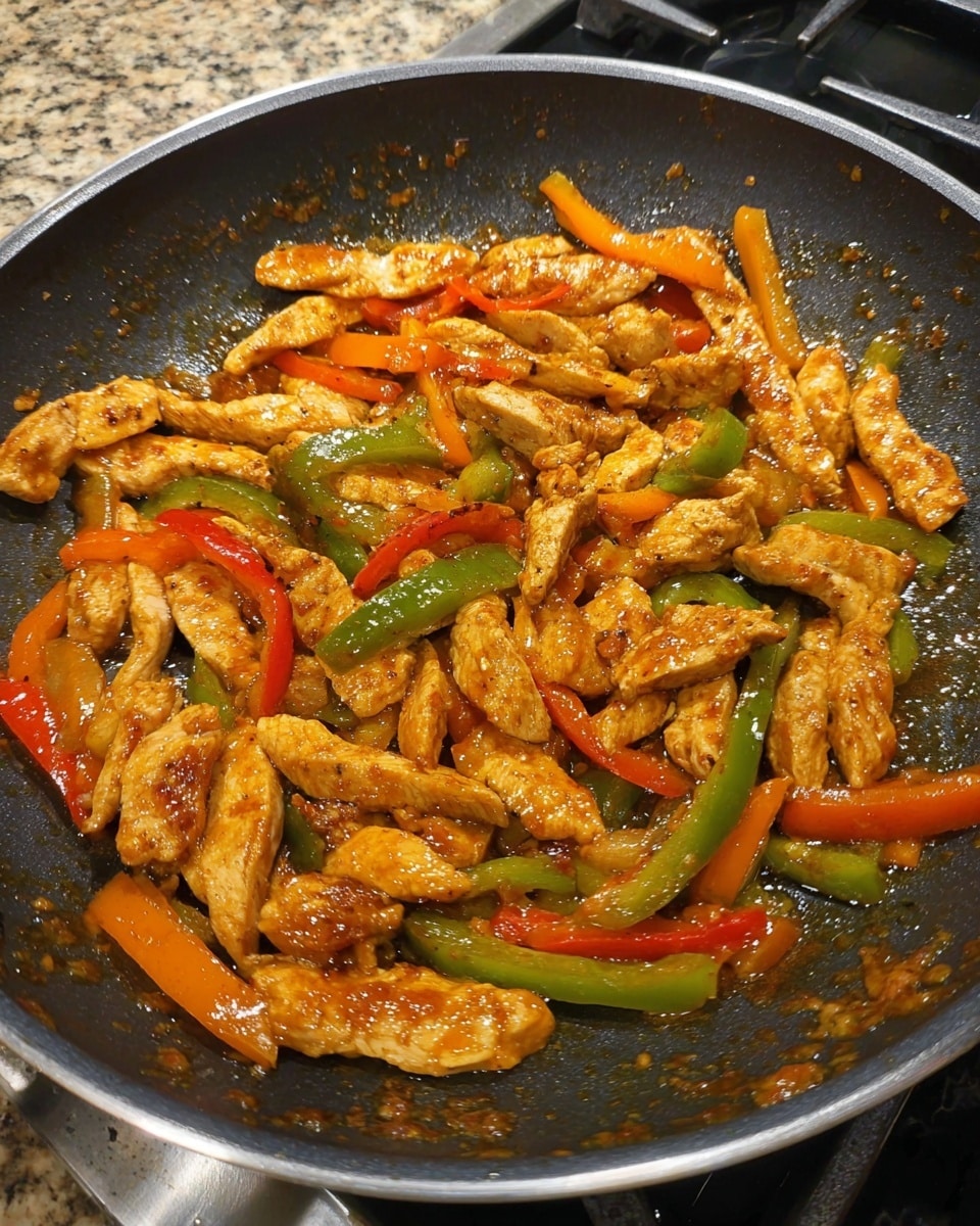 The image shows a frying pan filled with cooked strips of chicken and thin slices of bell peppers in three colors: green, red, and orange. The chicken pieces are light golden brown with a slightly glossy, saucy coating, and the peppers have a soft, slightly shiny texture. The food is spread in a single, somewhat even layer inside the dark non-stick pan, with some small spatters of sauce on the pan surface. The pan sits on a stove with a granite-like countertop edge on the side. photo taken with an iphone --ar 4:5 --v 7