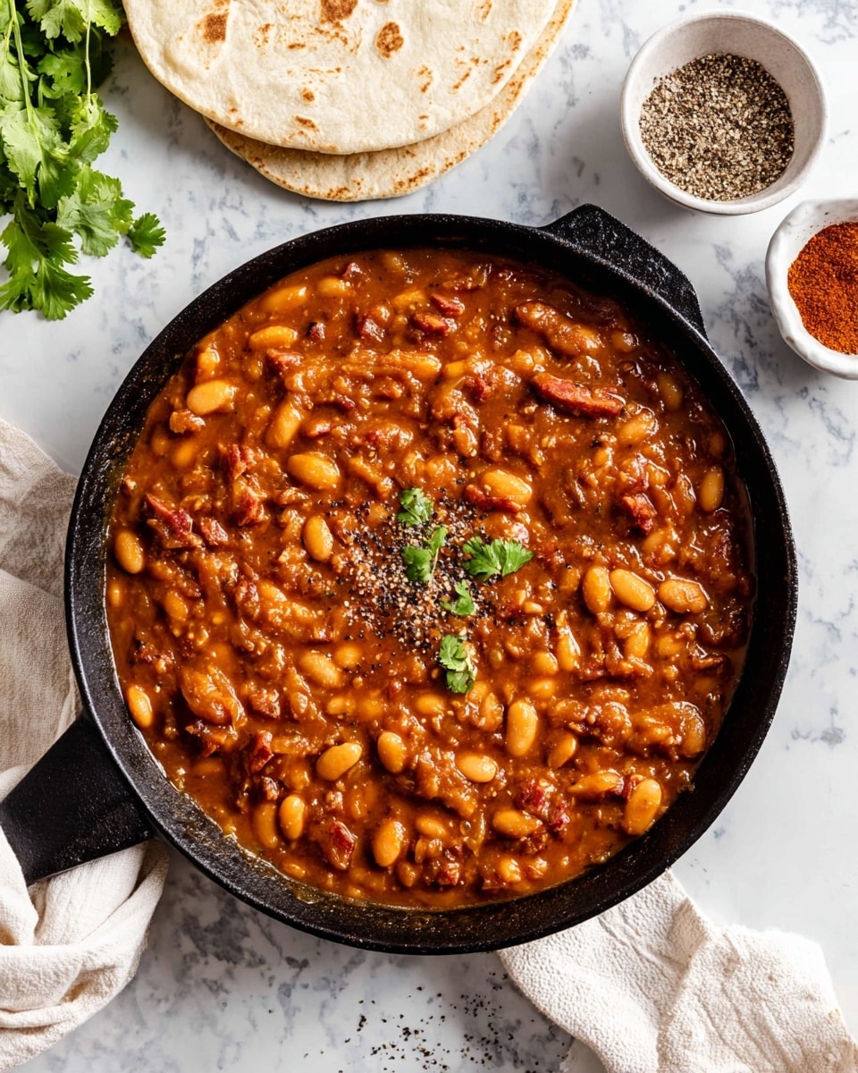 A black cast iron pan filled with thick, rich baked beans in a deep orange-brown sauce, showing white beans and chunks of reddish-brown meat mixed in, topped with small green cilantro leaves and a sprinkle of cracked black pepper in the center. The pan rests on a white marbled surface with a white cloth napkin to the right, a small white bowl with black pepper, and another white bowl with red spice at the bottom right. To the left, there are two folded white flour tortillas with light brown spots, and fresh green cilantro sprigs partly visible at the top left corner. photo taken with an iphone --ar 4:5 --v 7