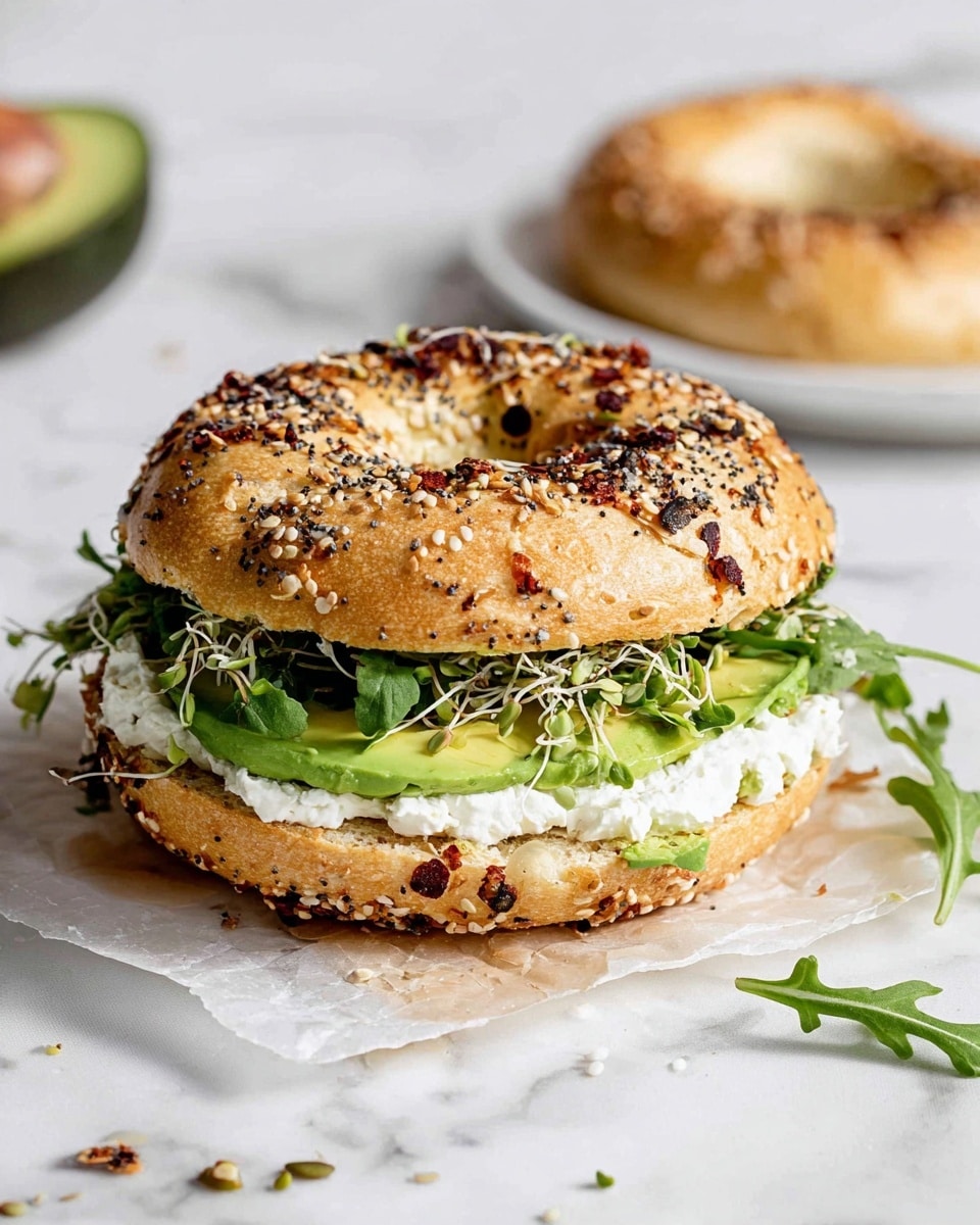A toasted bagel with an everything seasoning crust forms the top and bottom layers of this sandwich. Between the bagel layers, there is a thick layer of white cream cheese, followed by slices of green avocado, a fresh layer of dark green arugula, and a layer of light green sprouts adding texture. The sandwich sits on a piece of parchment paper on a white marbled surface. In the background, another plain bagel is on a white plate, and an avocado half is partially visible. Small scattered sprouts and sesame seeds are on the surface. Photo taken with an iphone --ar 4:5 --v 7