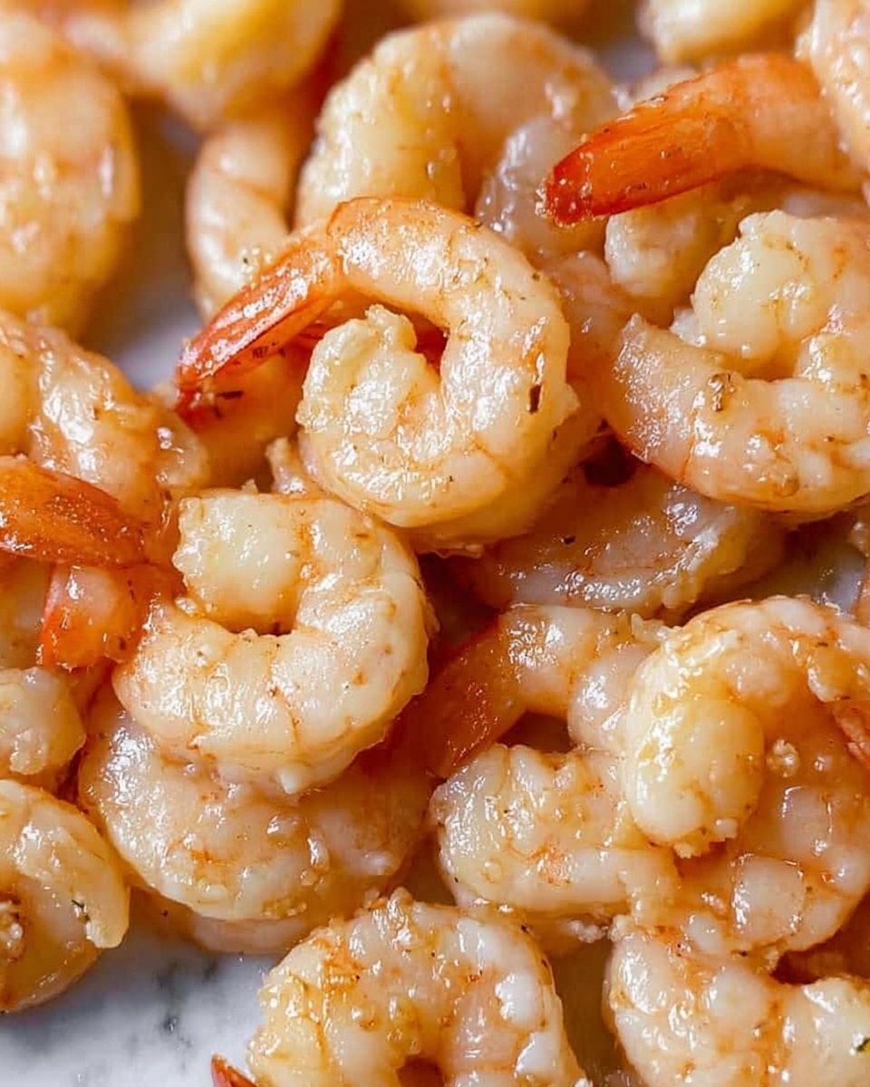 The image shows a close-up of cooked shrimp placed closely together, showing a light golden color with a shiny, slightly oily texture. Each shrimp is curled, with orange-pink tails visible, contrasting with their pale, juicy bodies. The shrimp pieces appear well-cooked, with some parts indicating a slight crispiness on the edges. The background is a white marbled texture, giving a clean and fresh look to the composition. photo taken with an iphone --ar 4:5 --v 7