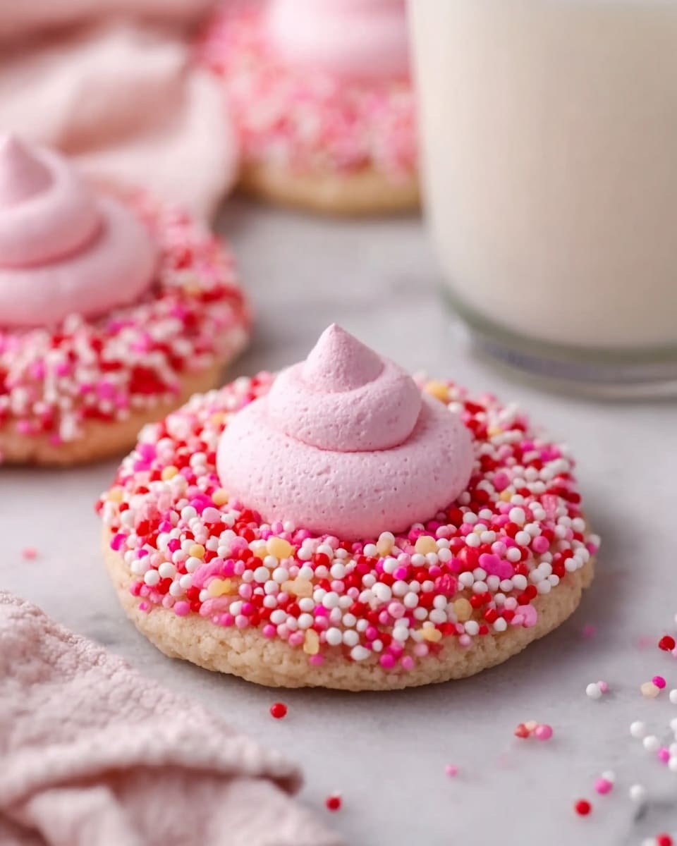 The image shows a white plate with a delicate pink leaf pattern, filled with round cookies in two designs. One design has a rough white base with a small, smooth pink dollop of frosting in the center. The other design features a similar pink frosting dollop but is surrounded by red, white, and pink round sprinkles, giving it a colorful, textured edge. The cookies are stacked slightly on top of each other, creating a casual, inviting look against a white marbled surface. A white drink in a glass is placed near the top left corner, and a soft textured white towel is seen in the top right background. photo taken with an iphone --ar 4:5 --v 7