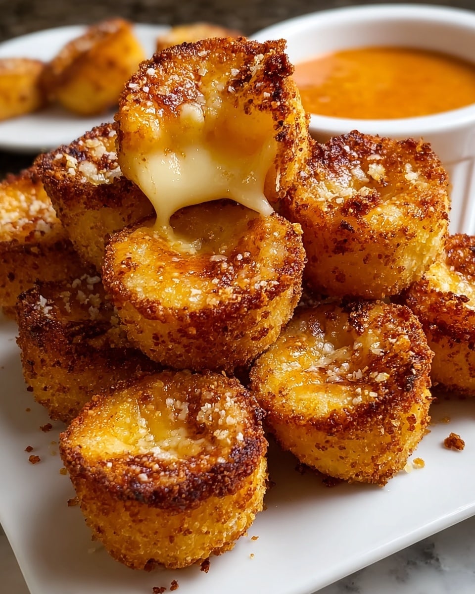 Close-up of crispy golden brown bite-sized rolls stacked on a white square plate. Each roll has a crunchy, textured exterior with a golden crust and a soft, creamy inside oozing melted cheese. The rolls show a round shape with a slightly rough surface from frying, sprinkled with small seasoning flakes. In the background, a white bowl filled with an orange dipping sauce sits on a white marbled surface. The lighting highlights the warm colors and textures of the rolls and sauce. Photo taken with an iphone --ar 4:5 --v 7