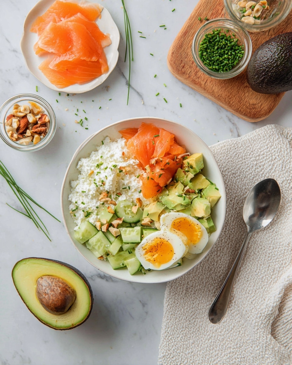 A white bowl on a white marbled surface holds a fresh dish with four main layers: a base of white cottage cheese with a slightly grainy texture, topped on one side with bright orange smoked salmon slices folded softly, next to finely diced pale green cucumber pieces, then slices of ripe avocado in light green color with some darker green edges, and two halves of a boiled egg with a firm white and rich yellow yolk placed near the center. The dish is sprinkled with small chopped nuts and green chives scattered evenly on top. Nearby, a white small plate has more slices of bright orange smoked salmon, a wooden cutting board holds one whole dark green avocado and one half with its brown seed, and small glass bowls contain chopped chives and mixed nuts. A silver spoon lies on a white textured cloth to the right. The whole setting is lit softly with natural light. photo taken with an iphone --ar 4:5 --v 7