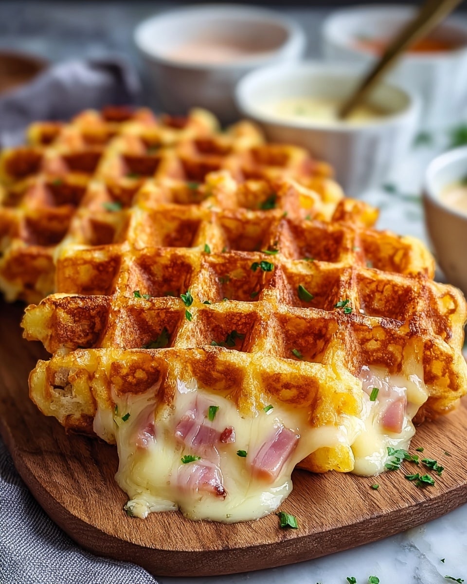 A golden-brown waffle with a crispy outside and soft, melted cheese visible inside the deep squares, mixed with small pieces of pink ham. The waffle is cut to show the cheese stretching out slightly, placed on a wooden board. Small green herb bits are sprinkled on top. The background has a white marbled texture with a gray cloth on one side, and blurred white bowls with sauces in soft focus behind the waffle. Photo taken with an iphone --ar 4:5 --v 7
