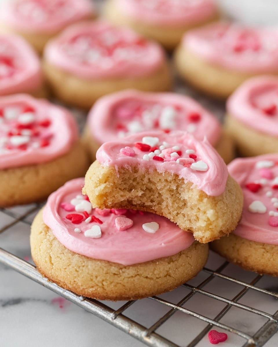 The image shows several small round cookies with a thick golden-brown base layer that looks soft and crumbly. Each cookie has a smooth, shiny pink frosting layer on top, which is decorated with tiny heart-shaped sprinkles in red, white, and pink colors. One cookie is placed on top of another and has a bite taken out of it, revealing the soft inner texture of the cookie base and the creamy, thick pink frosting. The cookies are arranged closely together on a metal cooling rack, all sitting on a white marbled surface. Photo taken with an iphone --ar 4:5 --v 7