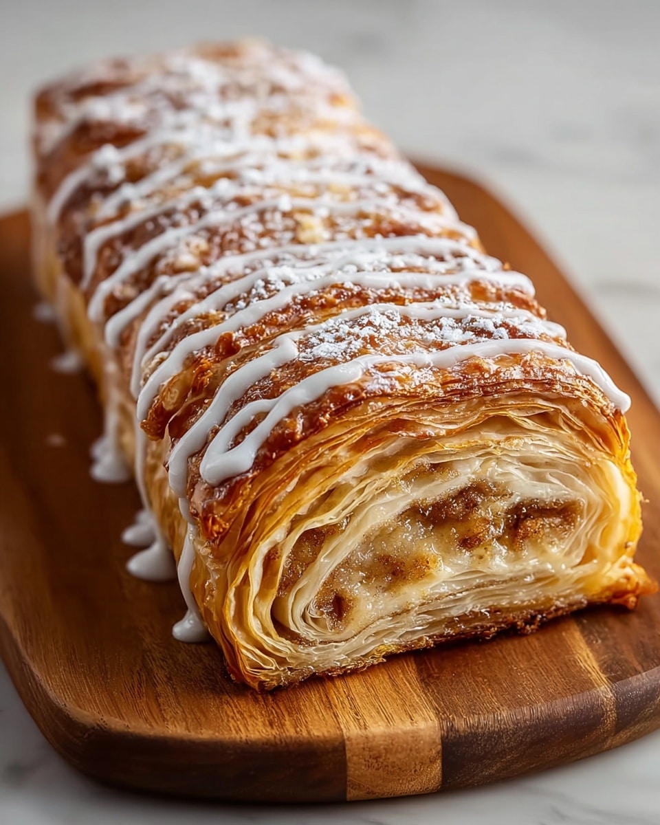A rectangular pastry with multiple thin, golden-brown flaky layers stacked and rolled tightly inside, showing a soft, light beige filling with a cinnamon-like texture. The outside is shiny and crispy, topped with white icing drizzles and a dusting of white powdered sugar. The pastry rests on a smooth wooden board with visible grain. The background is a white marbled texture. Photo taken with an iphone --ar 4:5 --v 7