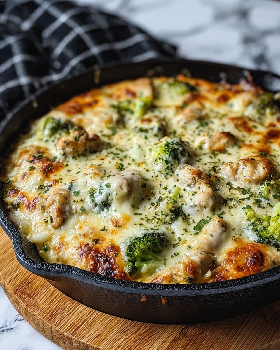 A cooked dish in a black pan with a thick golden-brown bubbly cheese layer on top, spread evenly across the surface. Mixed within the cheese are green broccoli pieces and small browned chicken chunks, all visible under a glossy, melted cheese texture. The dish looks rich and creamy with herbs sprinkled finely on the cheese, adding green flecks. The edges of the cheese are slightly darker and crispier, giving a toasted look. The pan rests on a wooden board with a blurred black and white cloth in the background on a white marbled surface. photo taken with an iphone --ar 4:5 --v 7