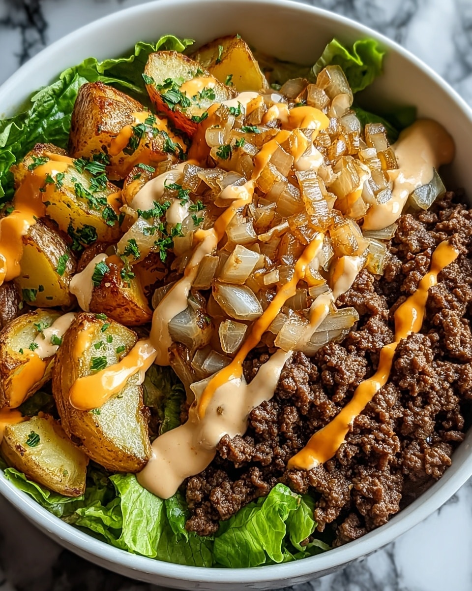 A white bowl filled with a base layer of green lettuce leaves at the bottom, topped on the left side with golden roasted potato wedges sprinkled with finely chopped green herbs, and on the right side with well-cooked brown ground beef mixed with small pieces of translucent cooked onions. On top of the beef and potatoes, there is a generous amount of caramelized diced onions, covered with drizzles of creamy light beige sauce and bright orange sauce, creating a rich, colorful texture contrast. The bowl sits on a white marbled surface with a slightly blurred background. Photo taken with an iphone --ar 4:5 --v 7