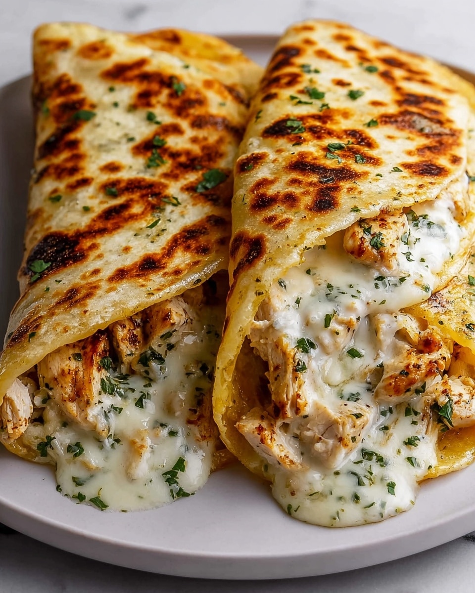 Two folded tortillas lie side by side on a white plate set on a white marbled surface. Each tortilla is golden with toasted brown spots and contains a thick filling of grilled chicken pieces that are light brown with char marks. Melted white cheese oozes out from the center of the nearer tortilla, mixed with small chopped green herbs adding specks of green throughout. The soft texture of the tortillas contrasts with the chunky, moist chicken inside, creating a layered look with the creamy cheese melting over the chicken. photo taken with an iphone --ar 4:5 --v 7