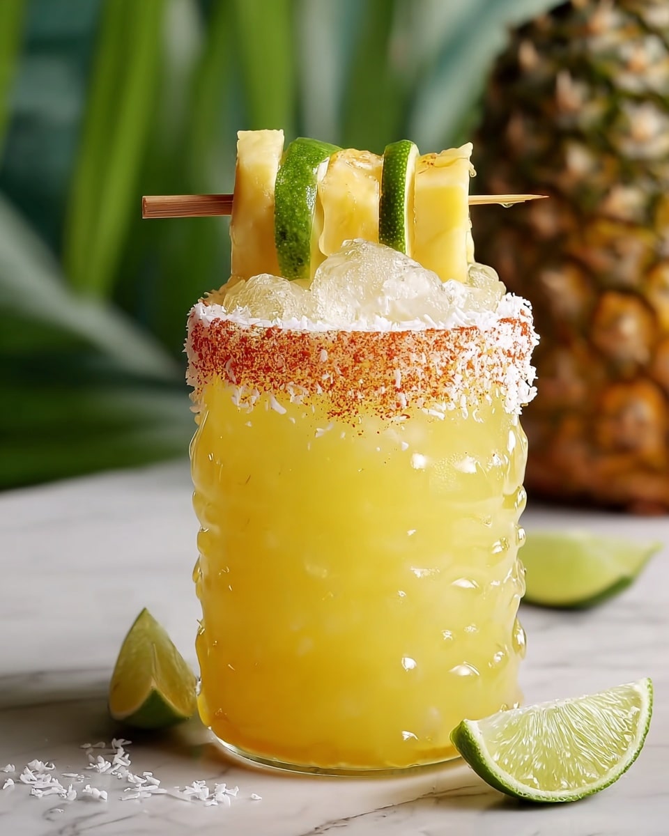 A short clear glass with bumpy sides is filled with a bright yellow drink and crushed ice, almost to the brim. The rim of the glass is coated with white shredded coconut and red chili powder, creating a textured and colorful edge. On top, a wooden skewer holds three pieces of pineapple chunks separated by lime slices, and a lime wedge is placed behind the skewer as a garnish. The glass is placed on a white marbled surface, with two lime slices and some shredded coconut scattered around it. In the background, out of focus, is a whole pineapple and green leaves. Photo taken with an iphone --ar 4:5 --v 7