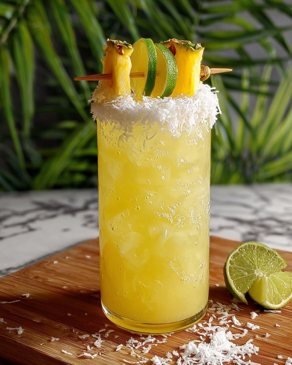A tall clear glass filled with yellow drink and ice cubes, showing bubbles rising inside. The rim of the glass is coated with shredded white coconut. On top, there is a skewer with two yellow pineapple slices and two green lime slices arranged alternately. The glass is placed on a wooden surface with some shredded coconut scattered nearby, and a half-cut lime lies beside it. The background has green leafy plants and a white marbled texture surface. photo taken with an iphone --ar 4:5 --v 7