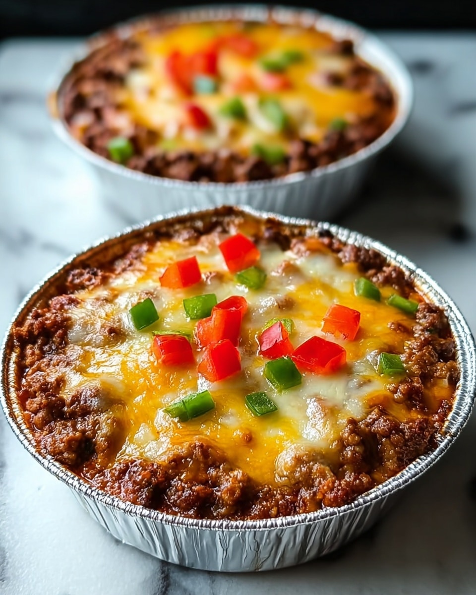 Two small round foil containers hold a layered casserole dish. The bottom layer is a brown, crumbly ground meat mix, topped with melted cheese that blends golden yellow and white colors. Scattered on the cheese are small diced pieces of red and green bell peppers adding bright spots of color. The containers sit on a white marbled surface. The focus is sharp on the front container with the second one softly blurred in the background. Photo taken with an iphone --ar 4:5 --v 7