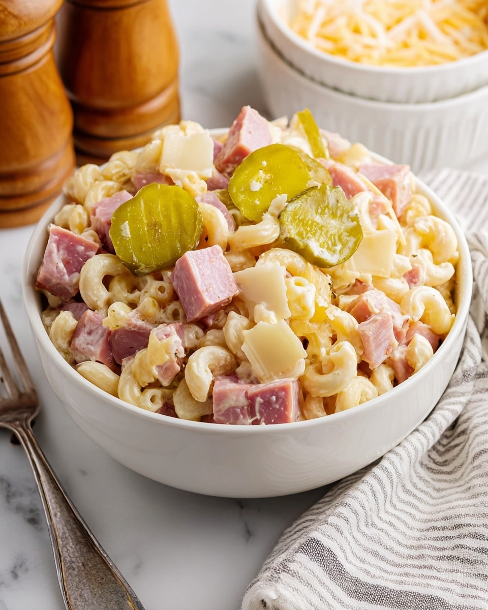 A white bowl filled with a creamy macaroni salad, showing three main layers: pale yellow macaroni noodles coated in a smooth, light dressing form the base, scattered with thick pinkish slices of ham that have a slightly rough texture, and chunks of light yellow cheese and bright green pickle pieces placed on top. The bowl is set on a white marbled surface next to a silver fork and a striped cloth napkin. In the background, there is a blurred white bowl with pale shredded ingredients and salt and pepper wooden shakers. photo taken with an iphone --ar 4:5 --v 7